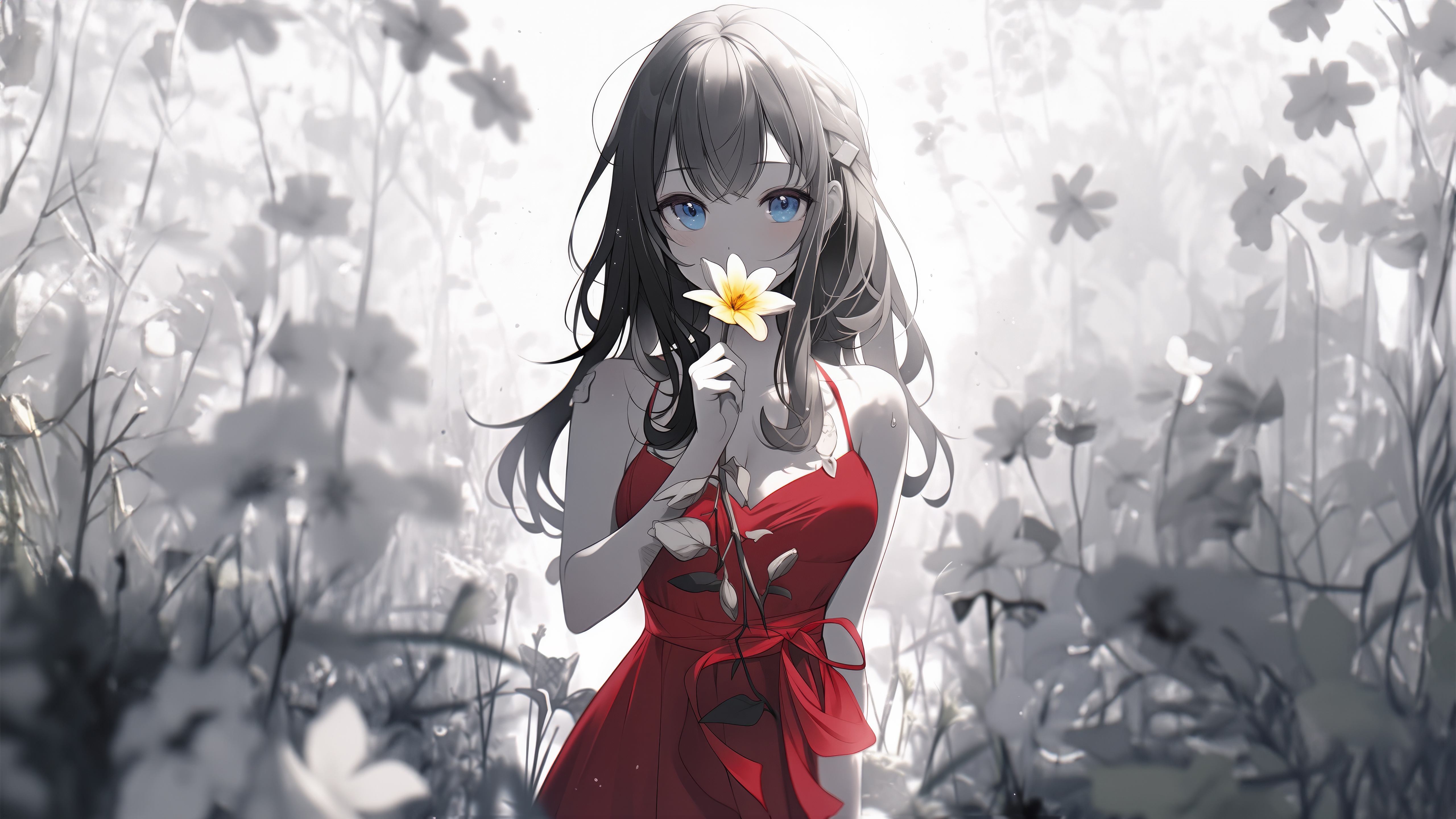 Anime Girl in Red Dress Holding a Flower HD Wallpaper