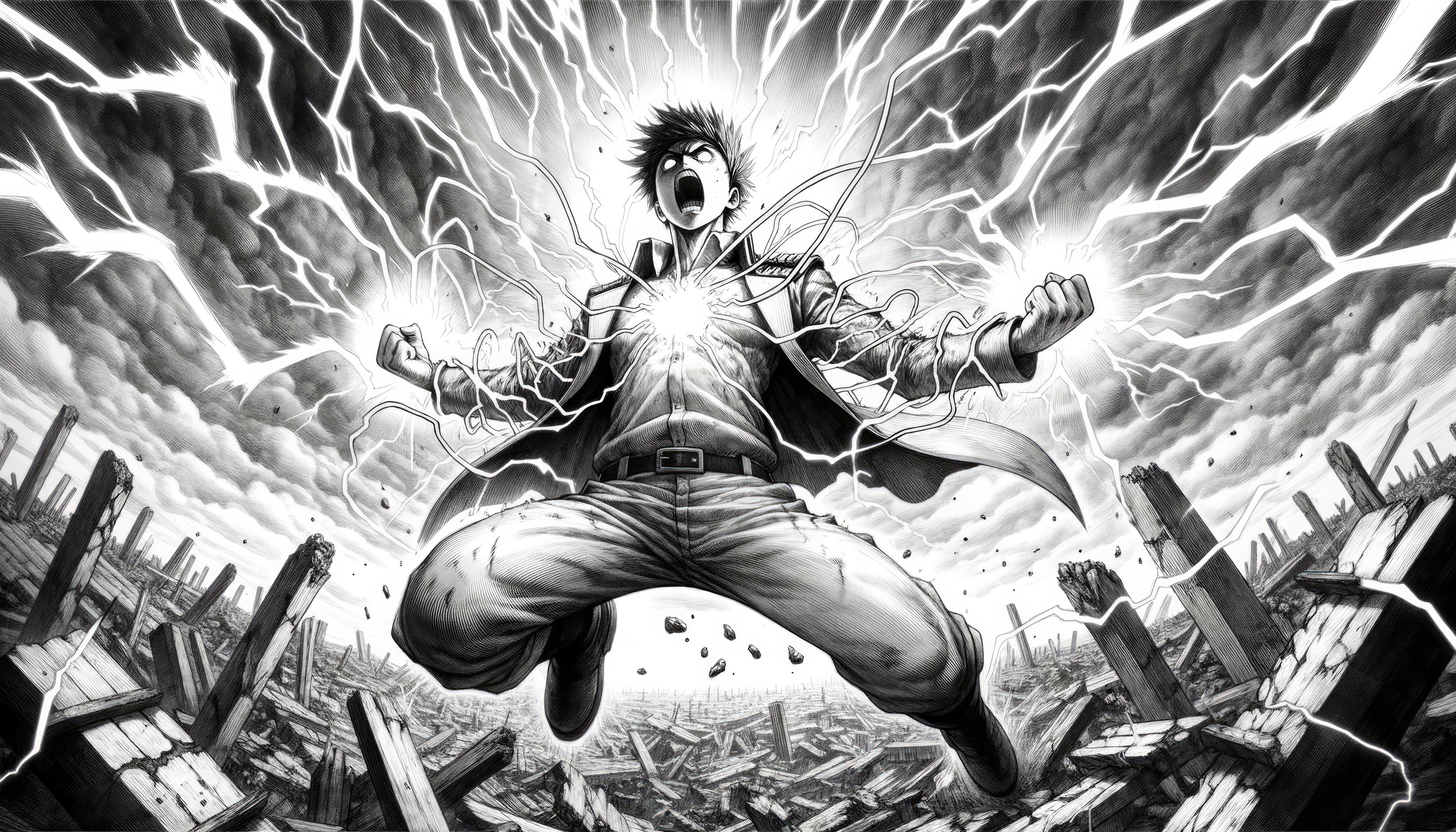 Eren Jaeger Unleashing Lightning in Ruins HD Wallpaper