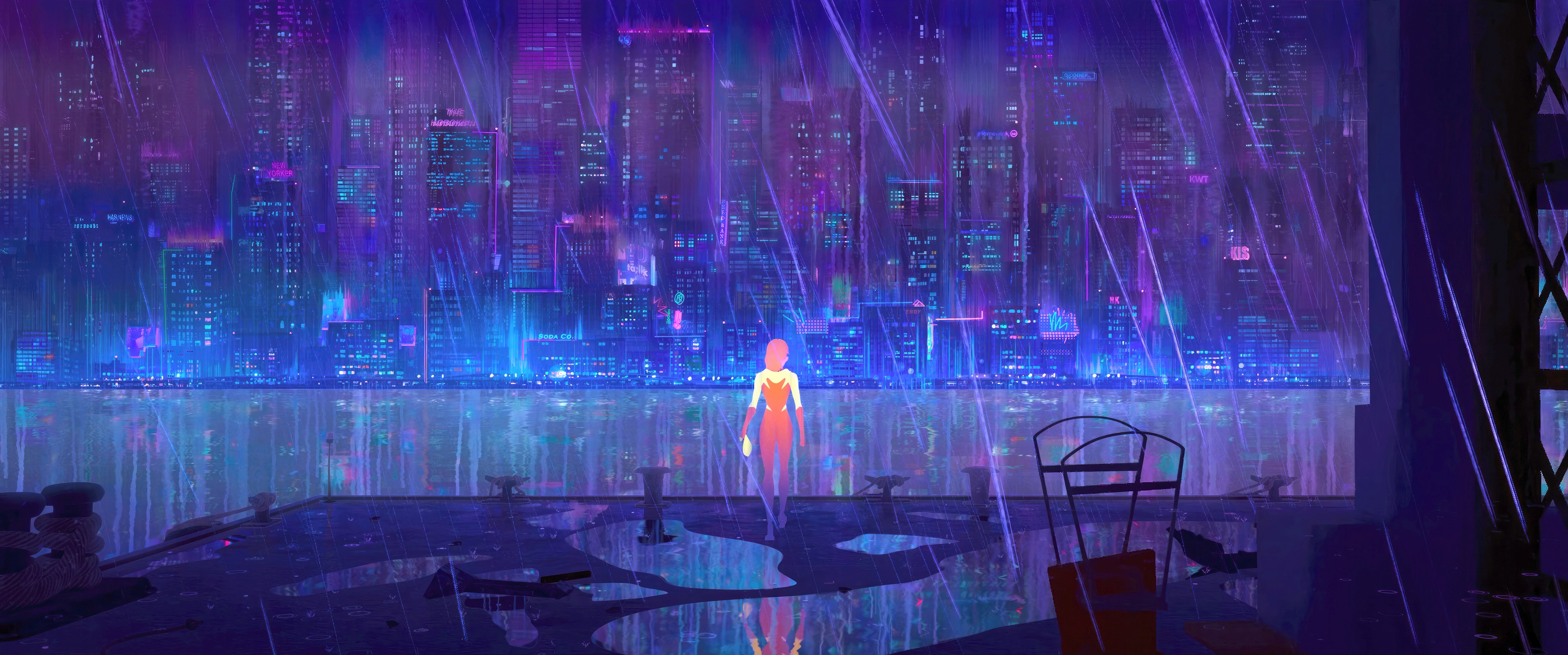 Gwen Stacy in a rainy futuristic city HD Wallpaper