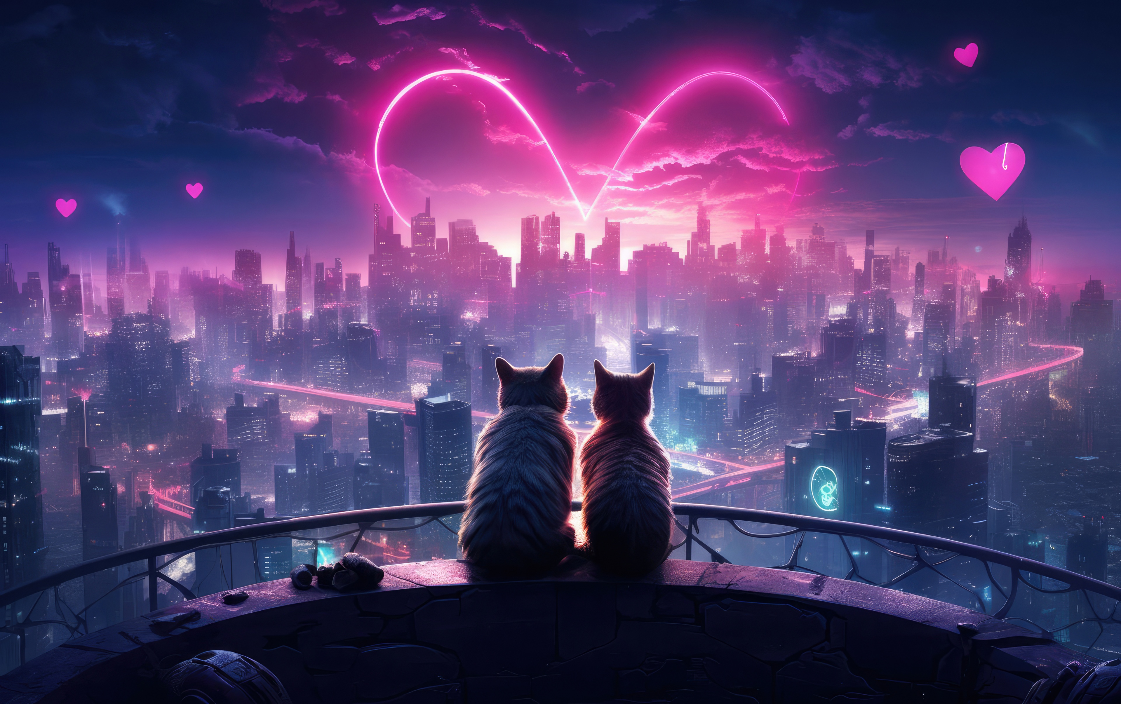 Two Cats Admire a Neon Heart Over a Cityscape HD Wallpaper