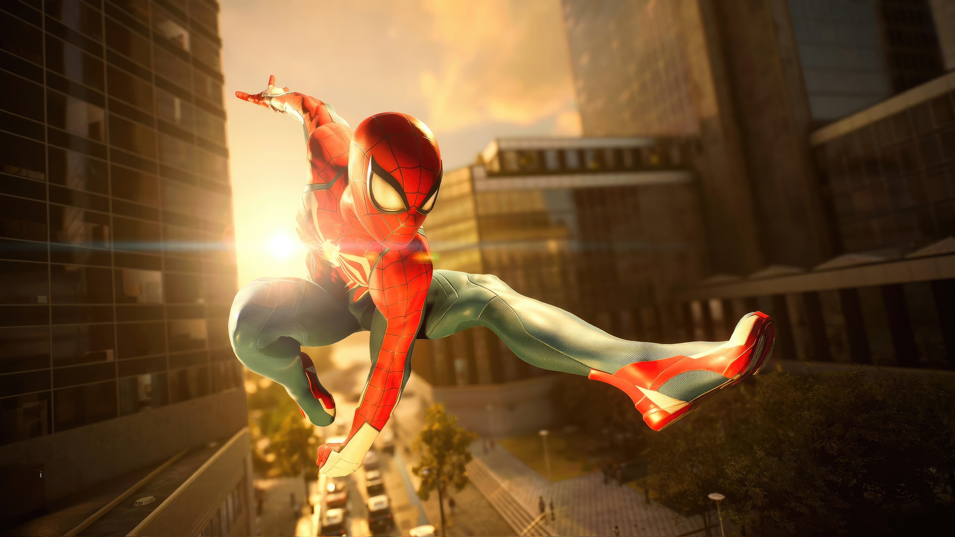 Spider-Man swinging through a city at sunset HD Wallpaper