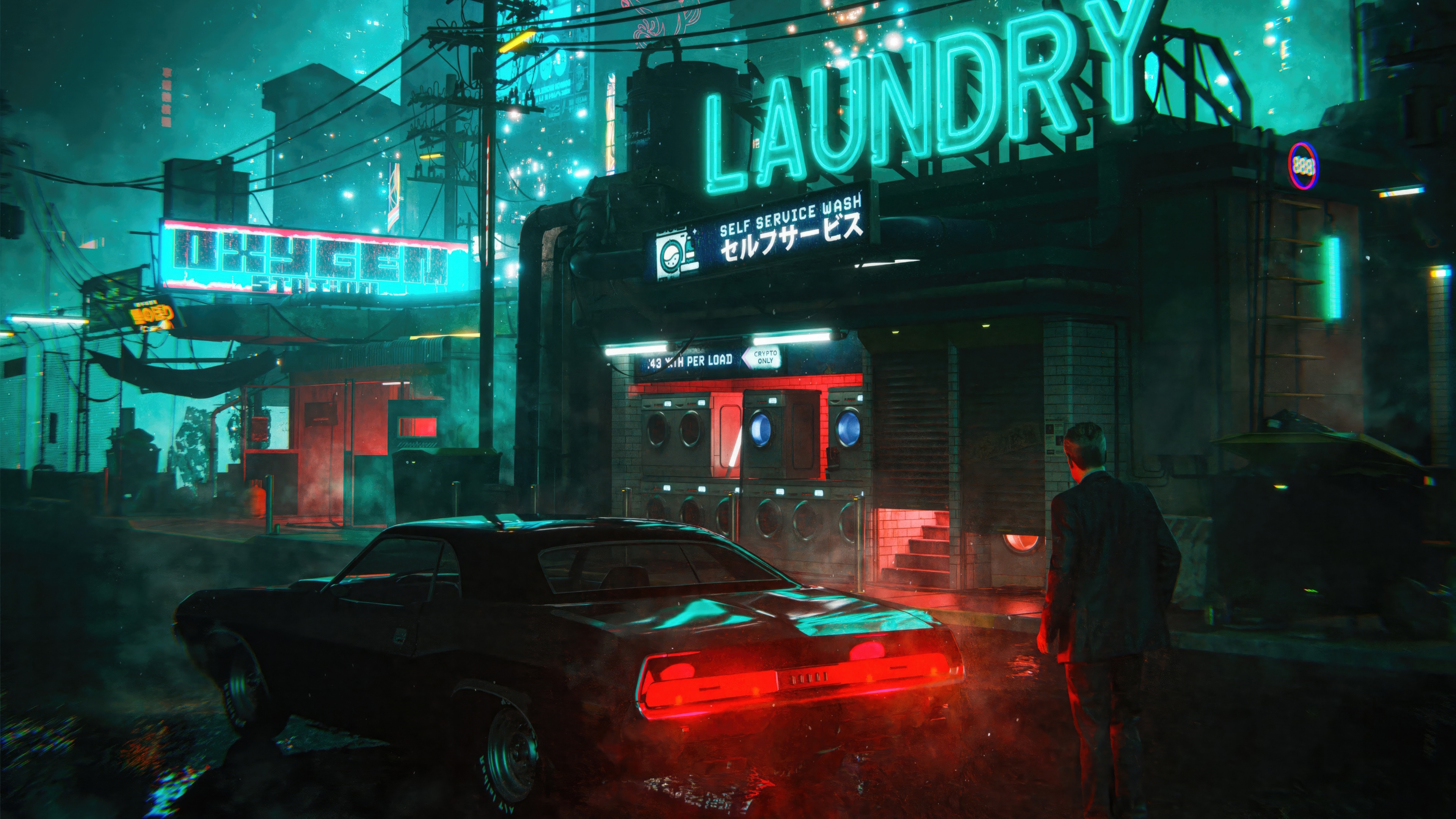 Cyberpunk Laundry and Oxygen Sign at Night HD Wallpaper