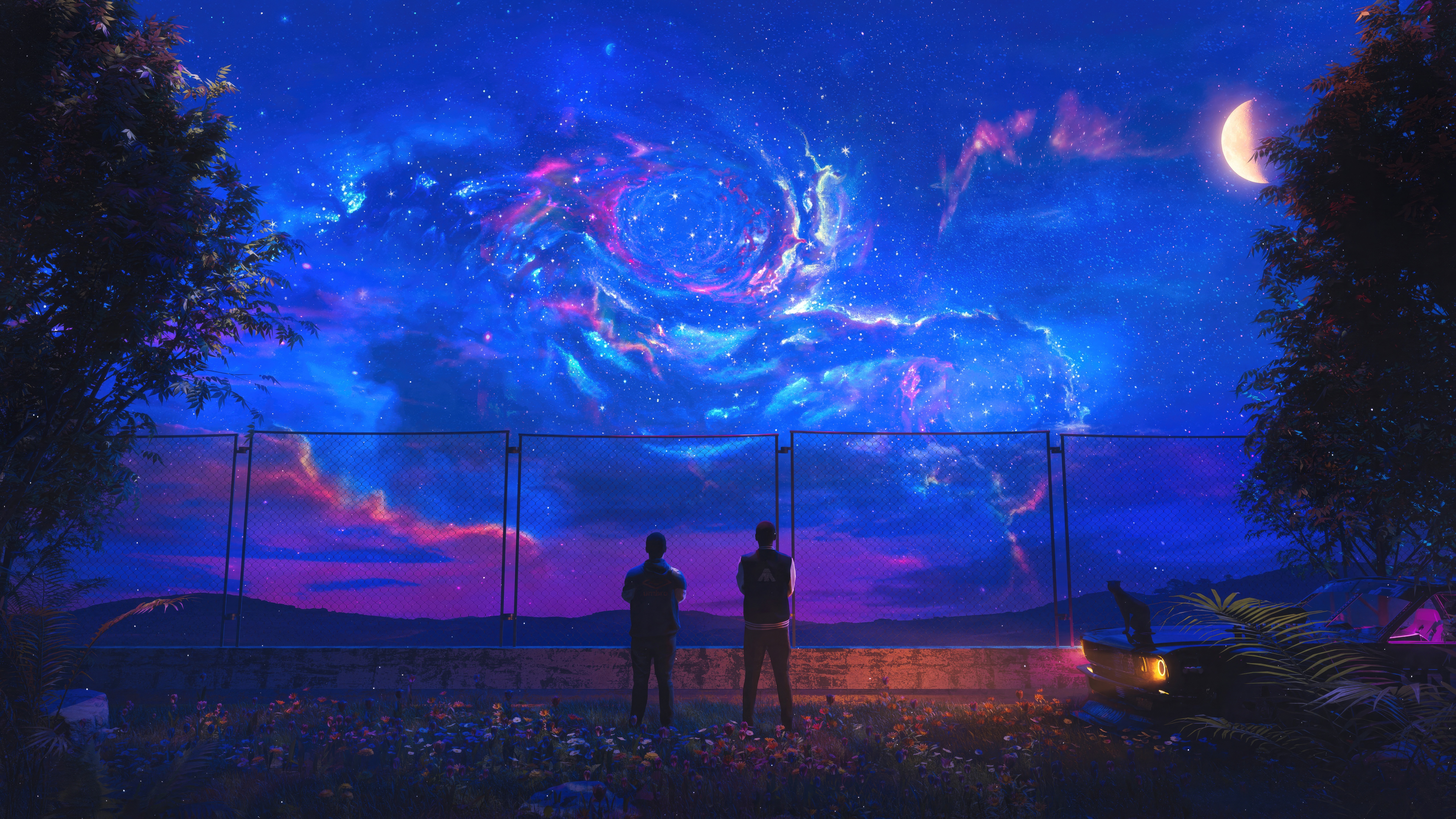 Two figures gaze at a swirling nebula in the night sky HD Wallpaper
