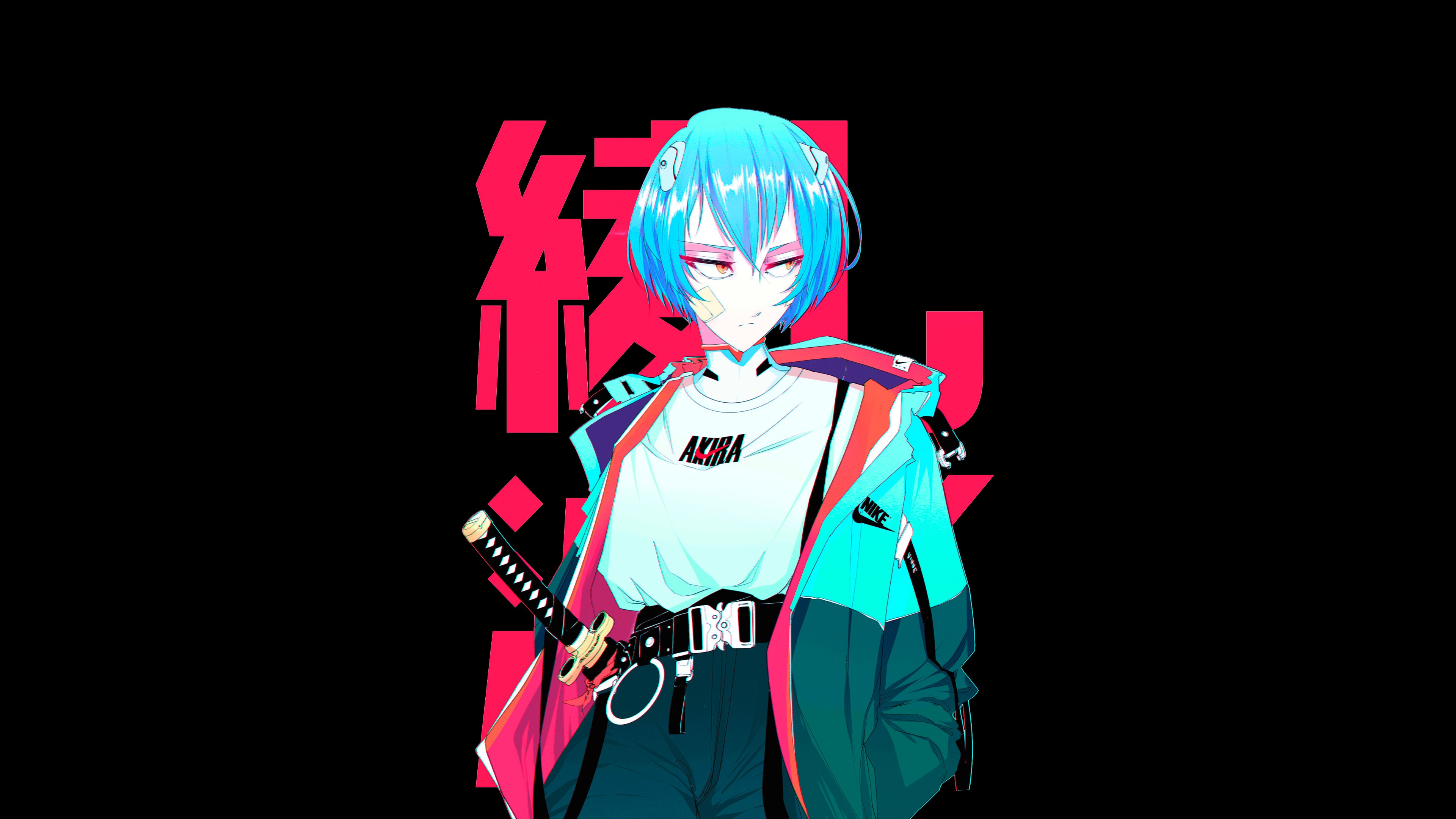 Rei Ayanami with Katana and Neon Jacket HD Wallpaper