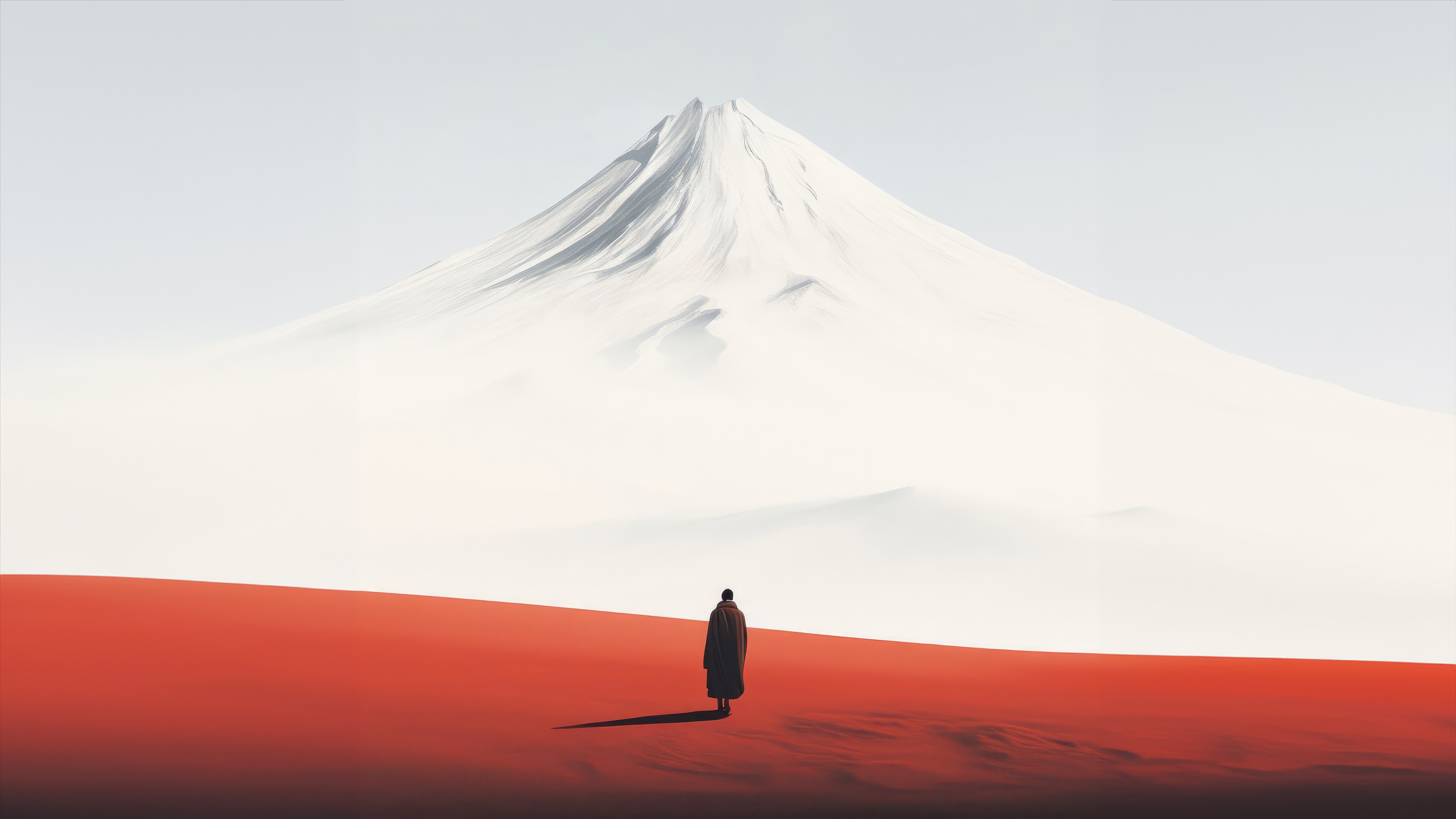 Person walking towards a snow-capped mountain HD Wallpaper