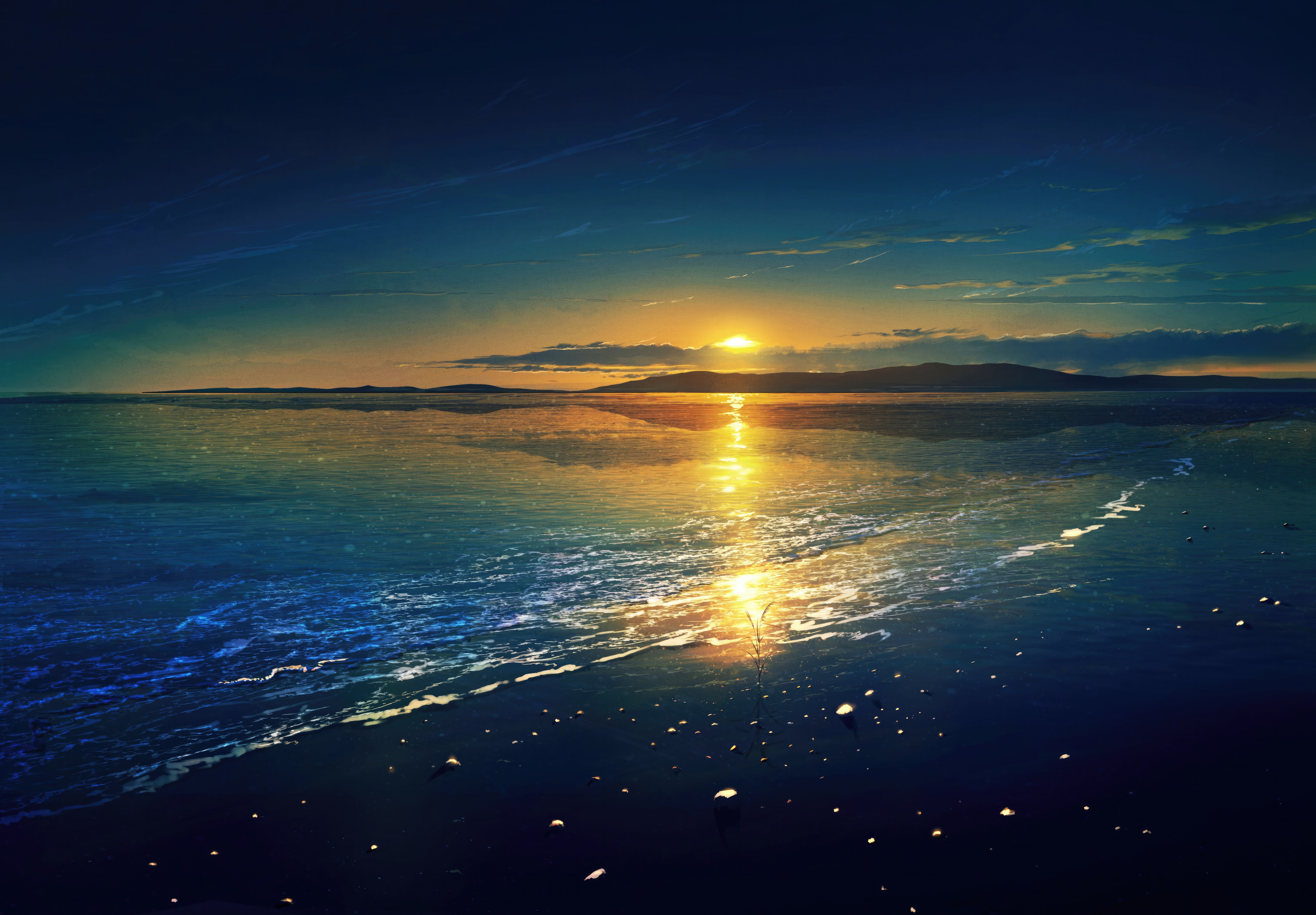 Anime Water Landscape at Sunset HD Wallpaper