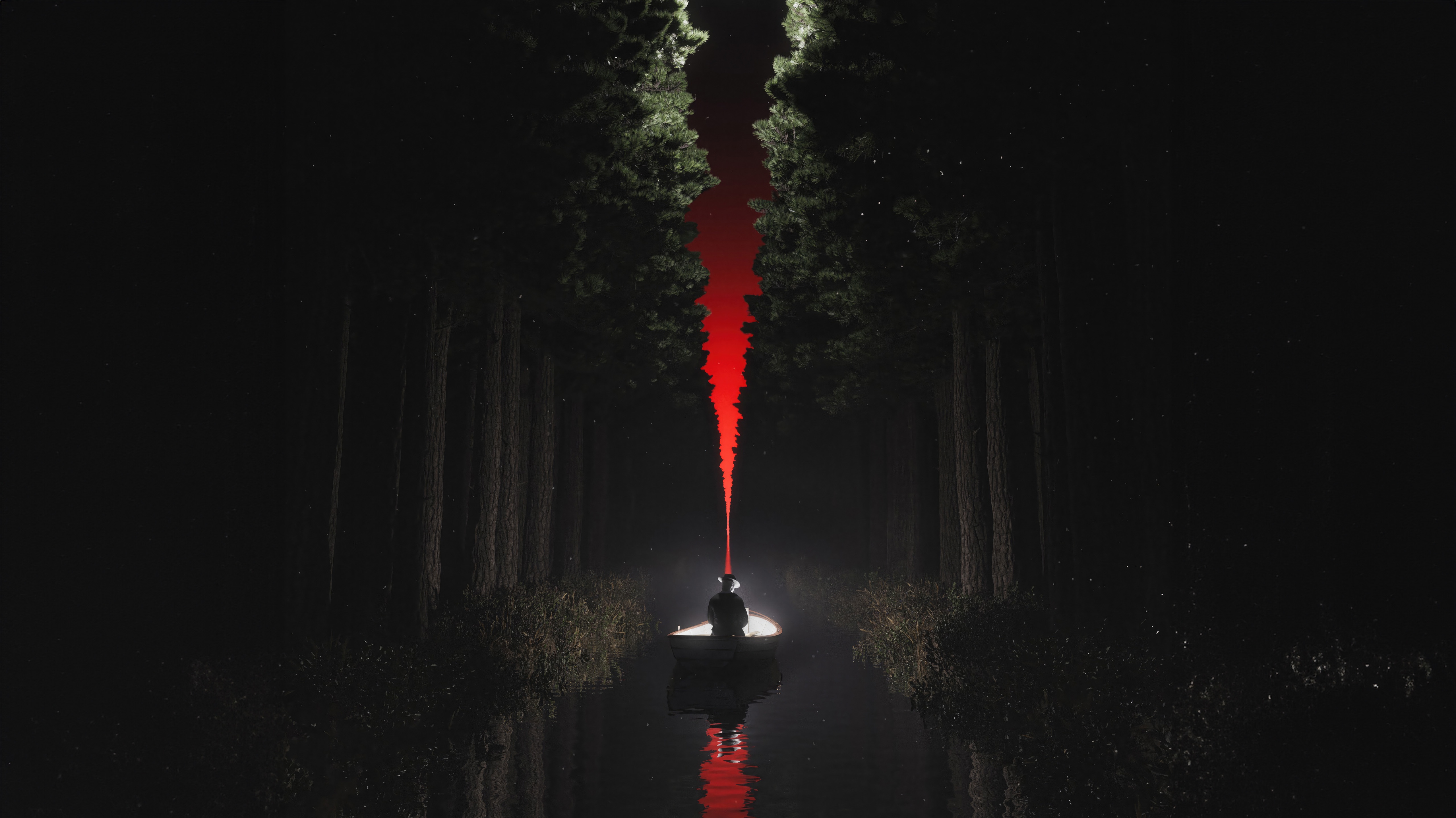 A person in a boat on a dark lake with a red light beam HD Wallpaper