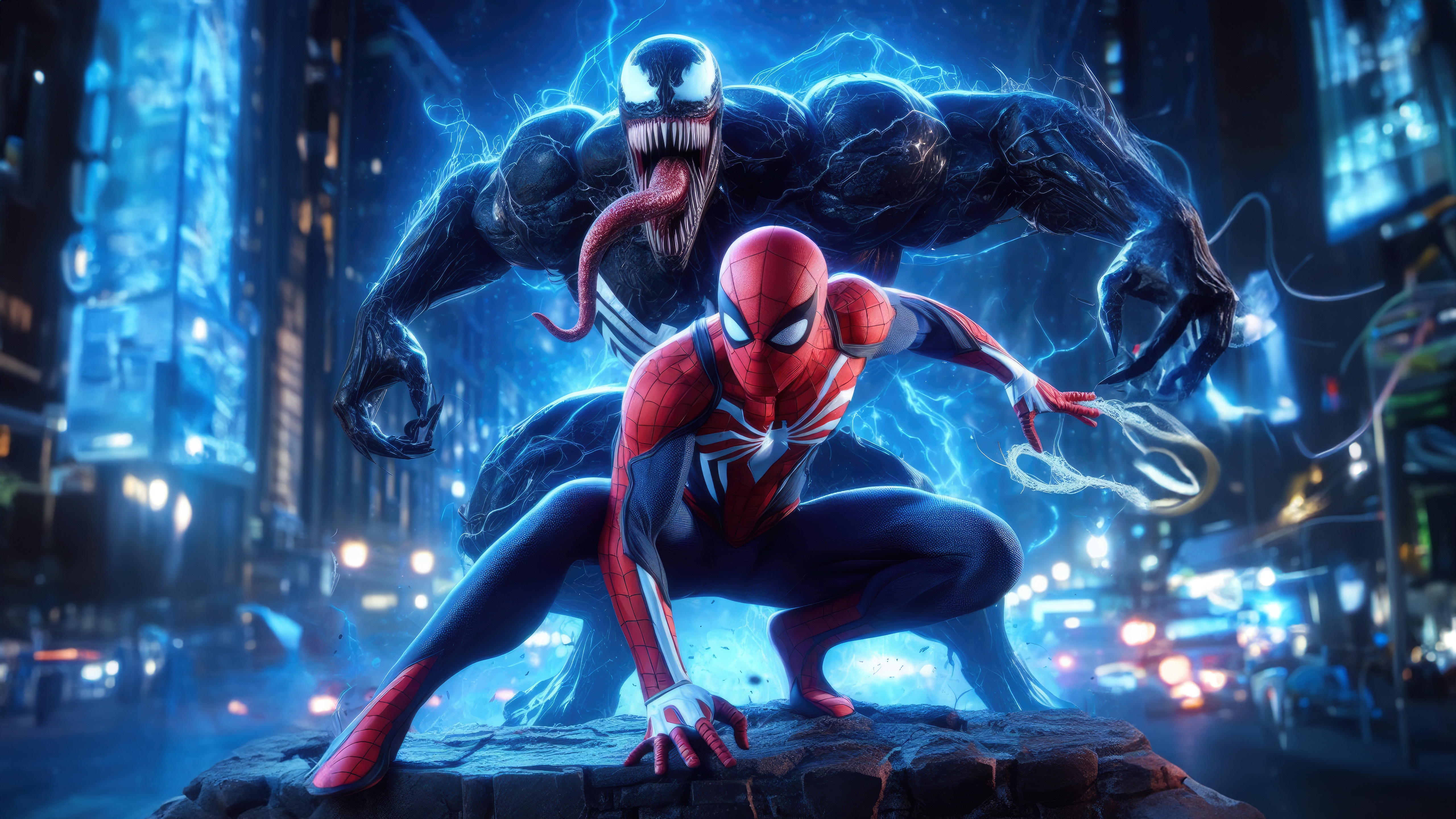 Spider-Man and Venom in a city at night HD Wallpaper