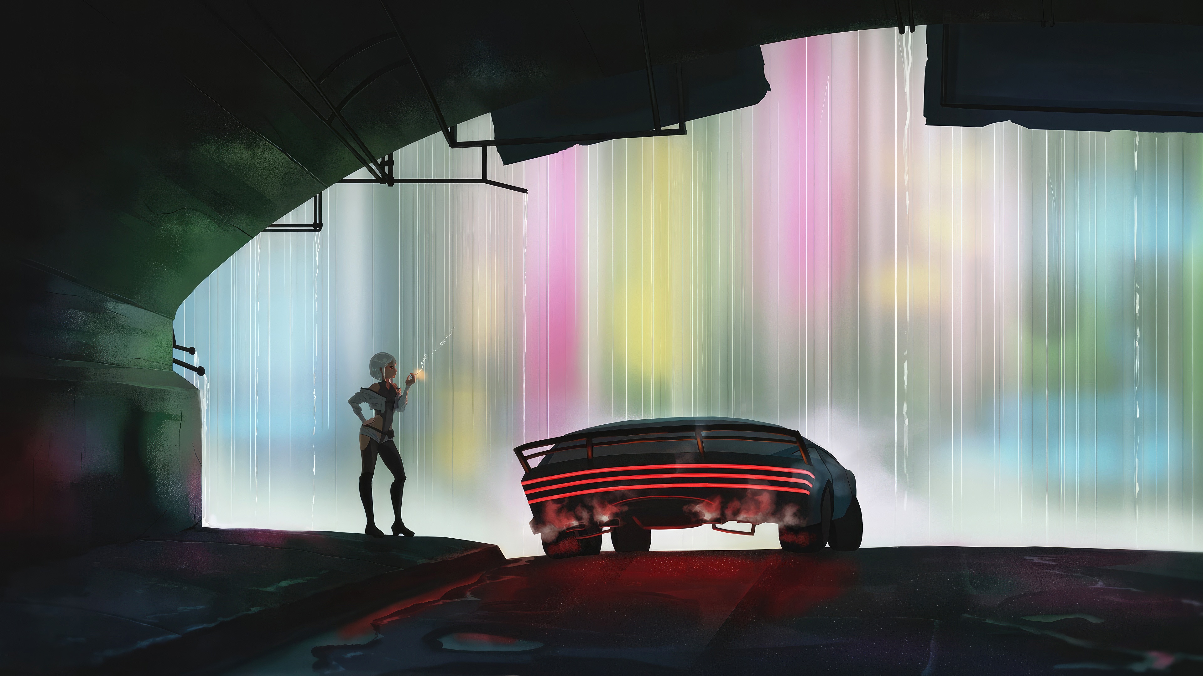 Cyberpunk 2077 character with a car in the rain HD Wallpaper