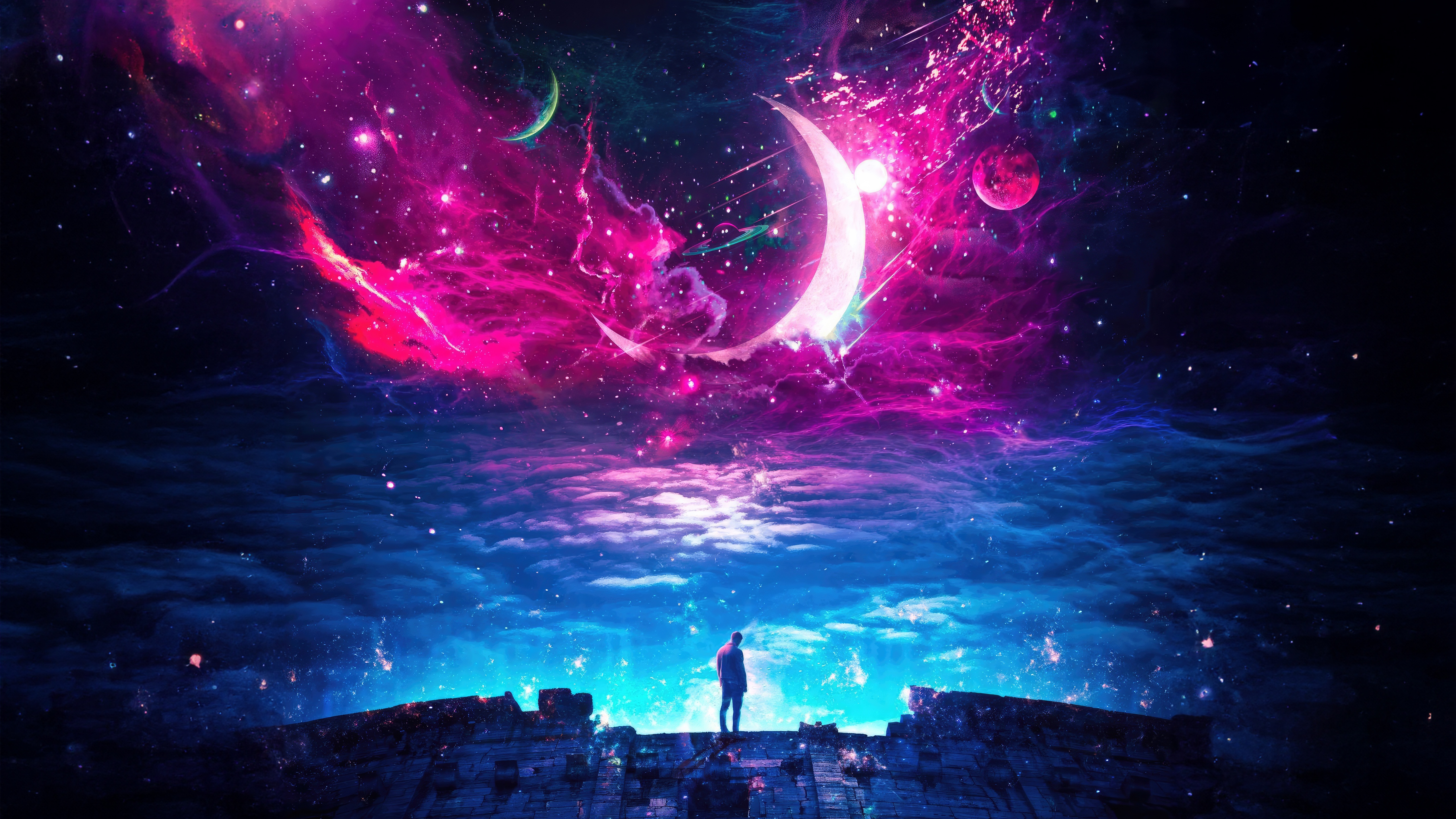Man standing on ruins looking at colorful galaxy HD Wallpaper