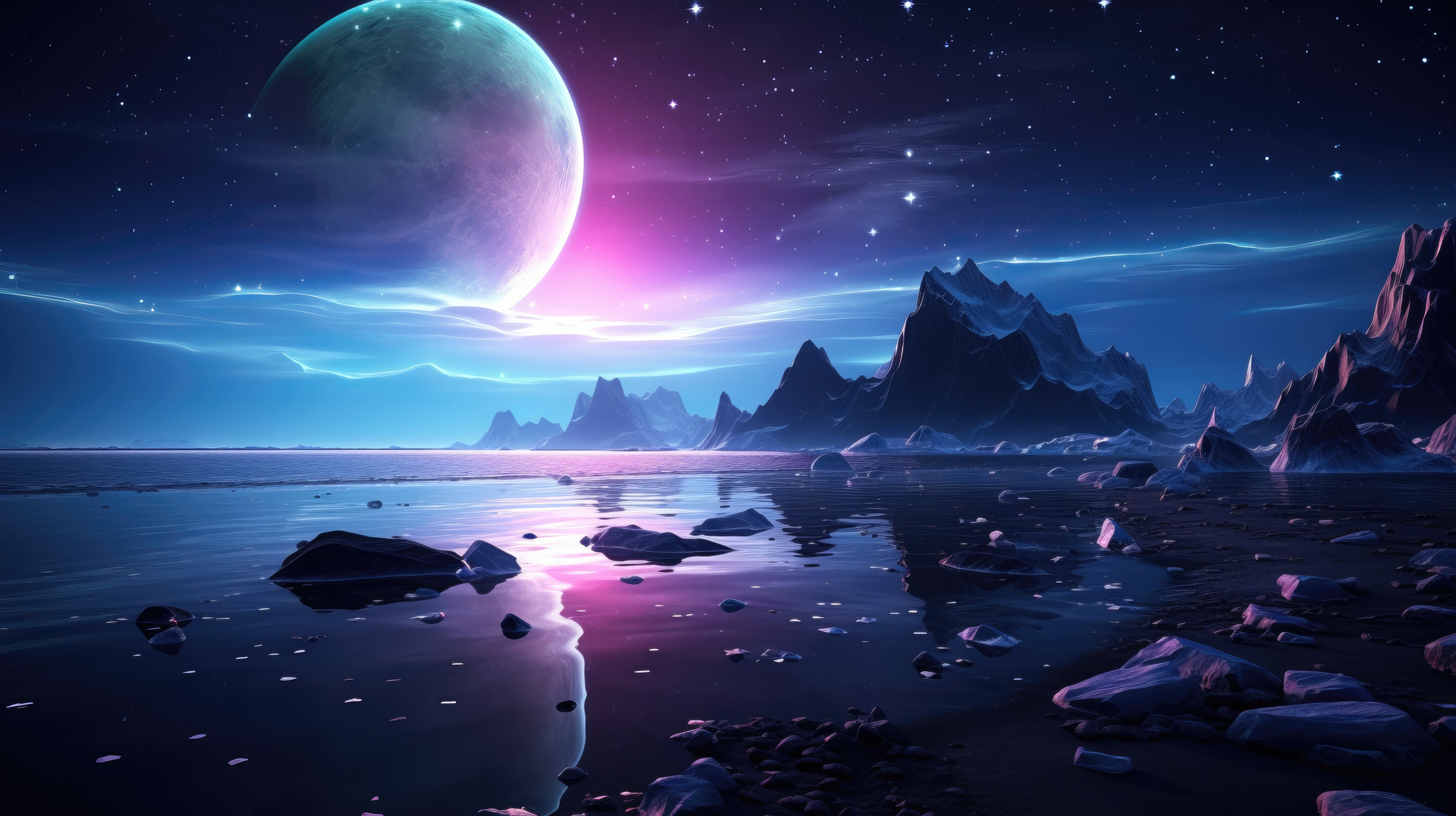 Starry Waters Planet Reflection Amidst Sky And Rocks HD Wallpaper