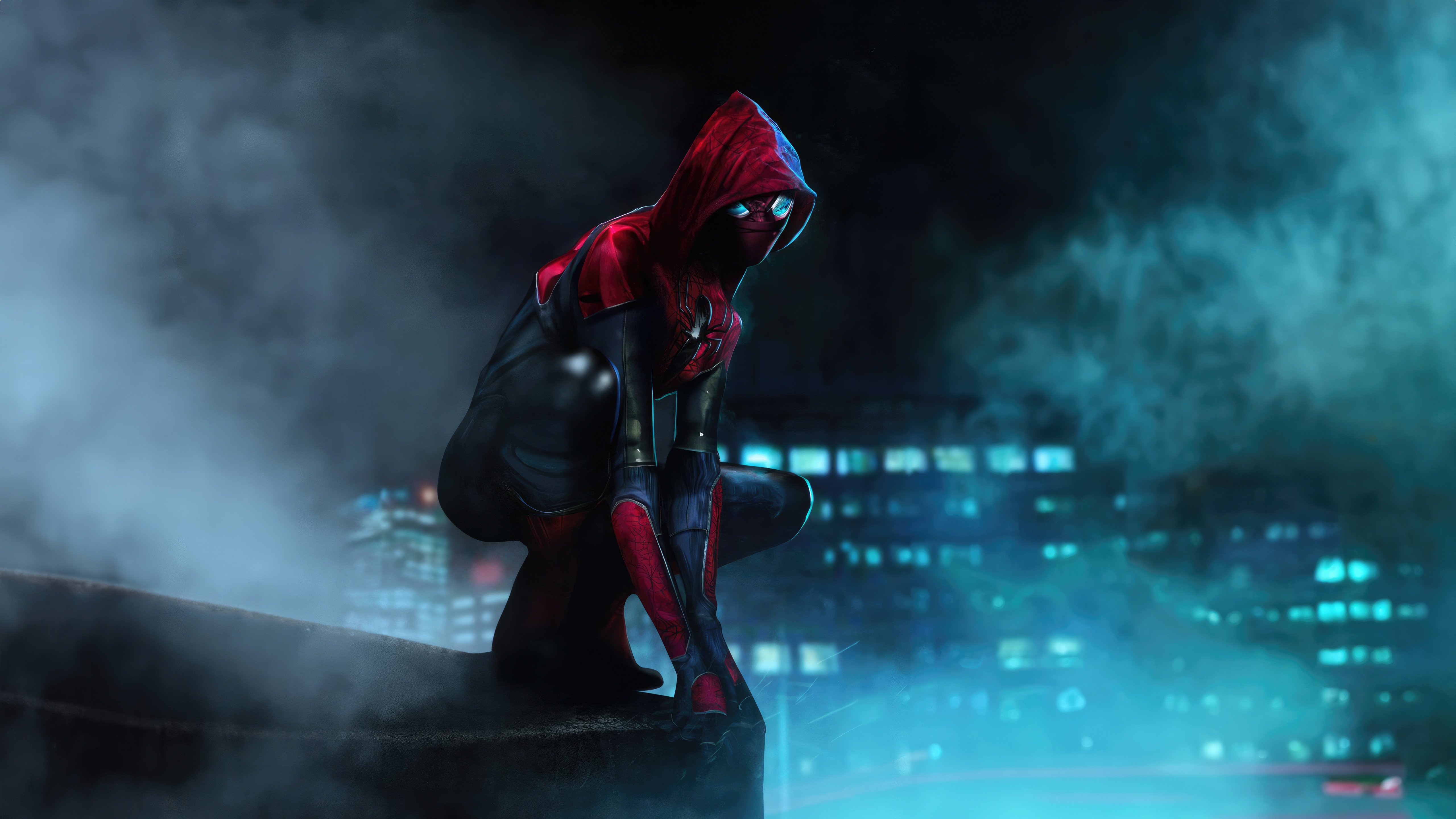 Spider-Man in a hooded suit crouches on a rooftop HD Wallpaper