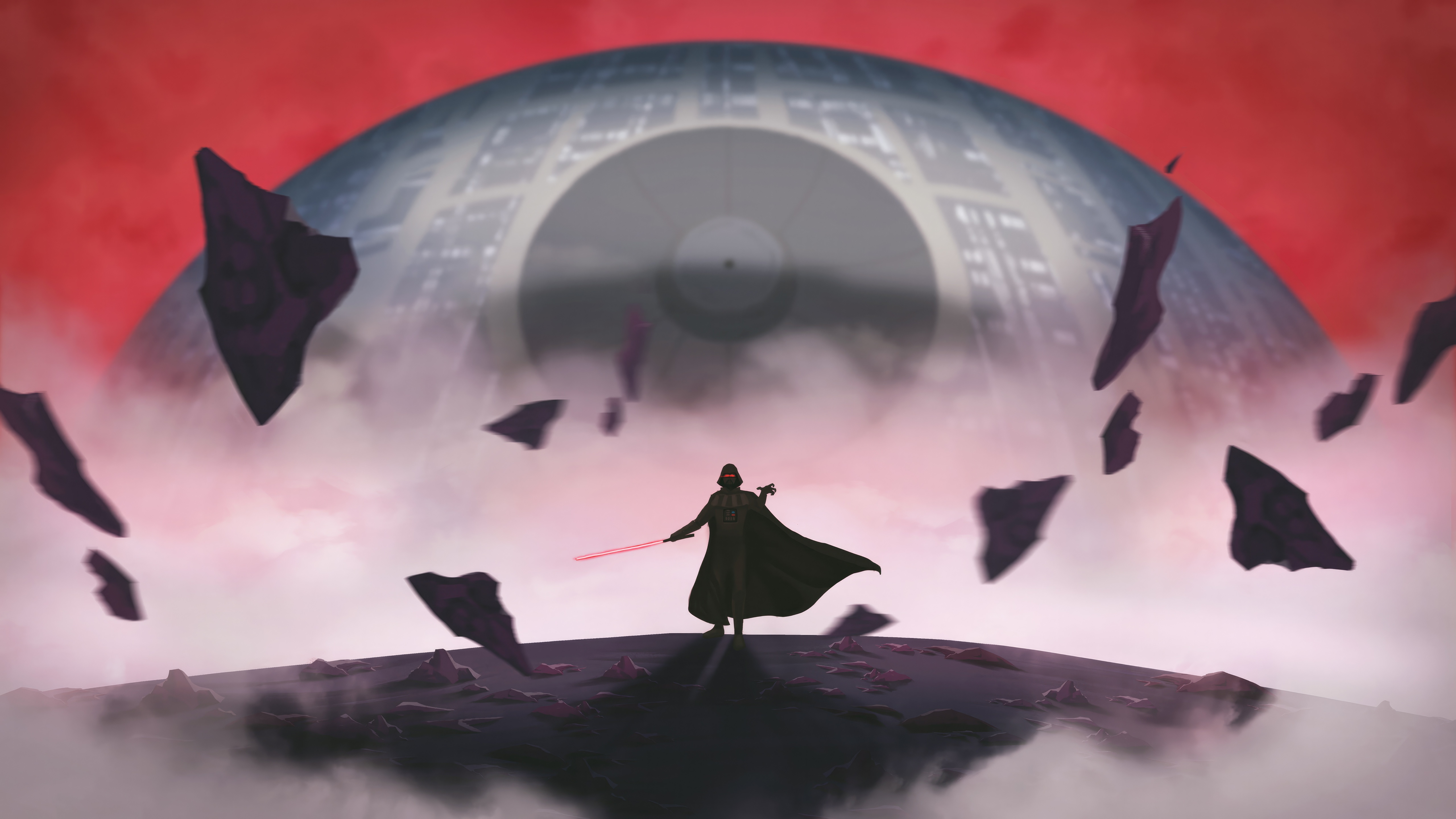 Darth Vader with Red Lightsaber in Front of Death Star HD Wallpaper