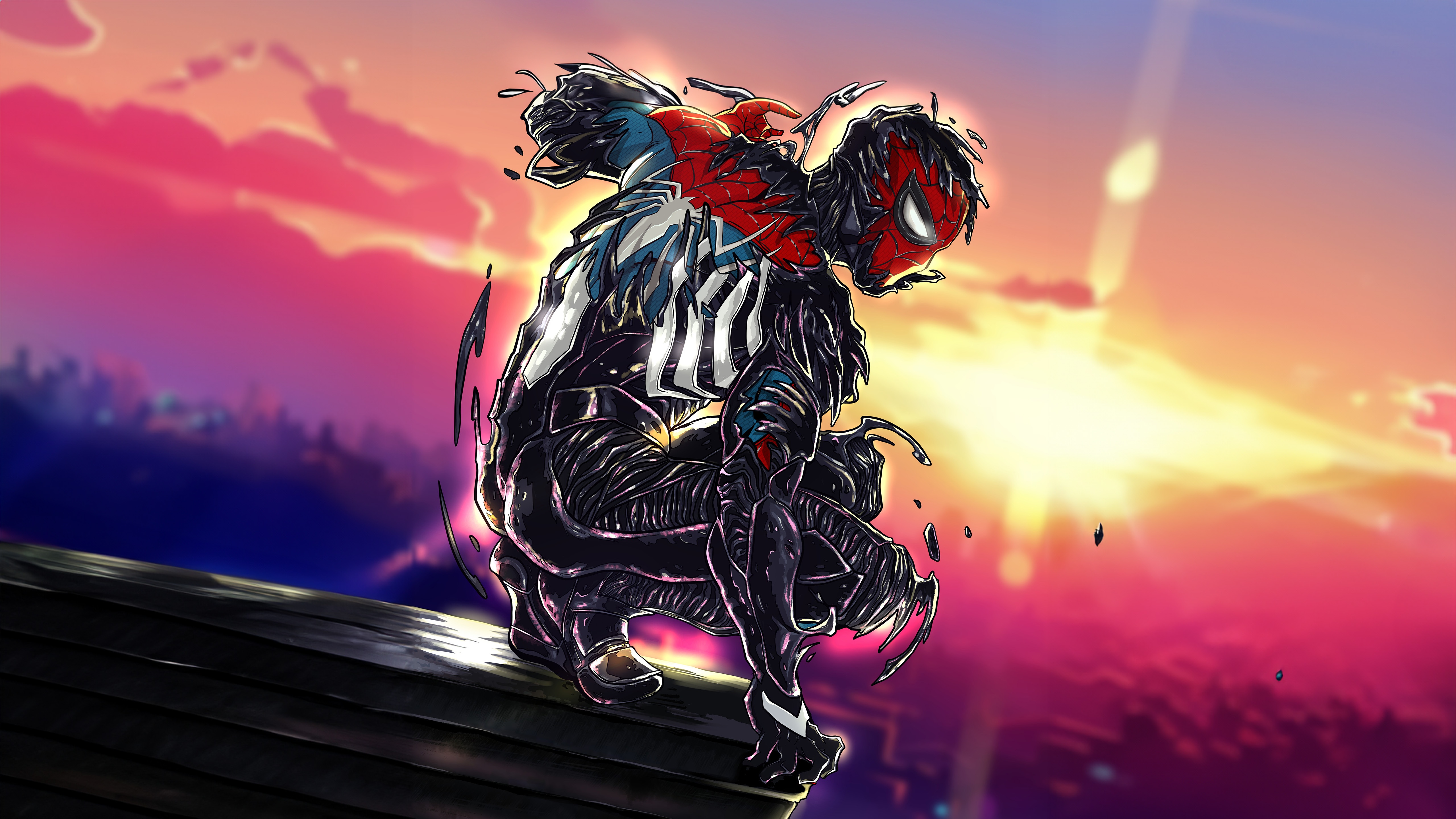 Miles Morales Venom Spider-Man Crouching on Rooftop HD Wallpaper
