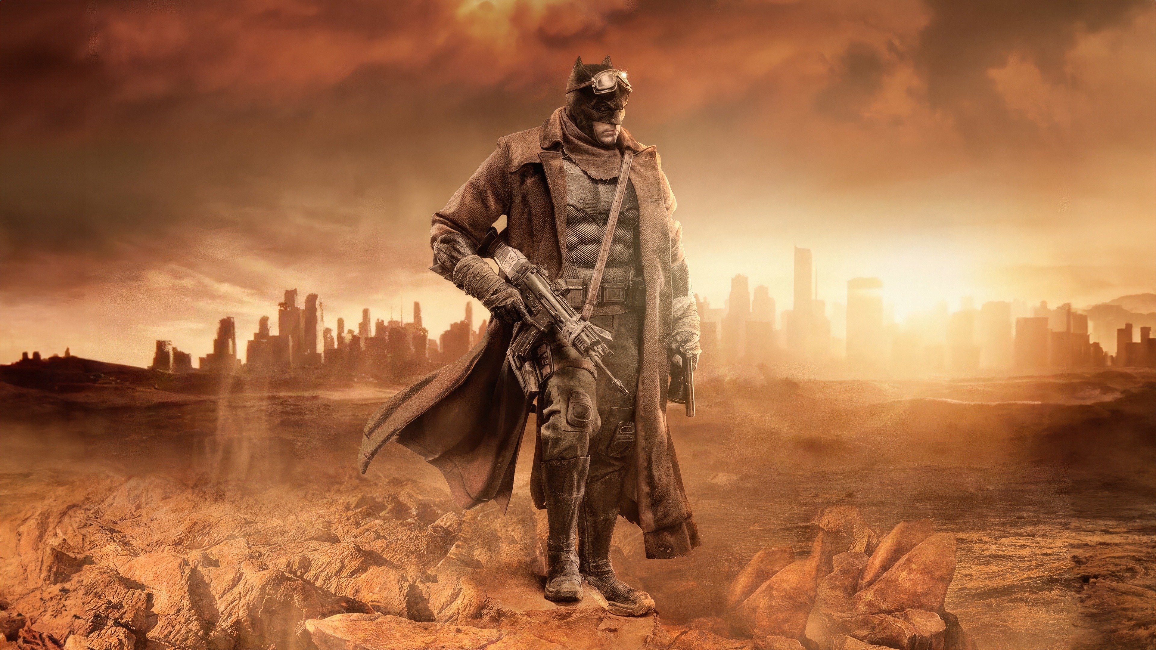 Post-apocalyptic Batman with rifle and pistol HD Wallpaper