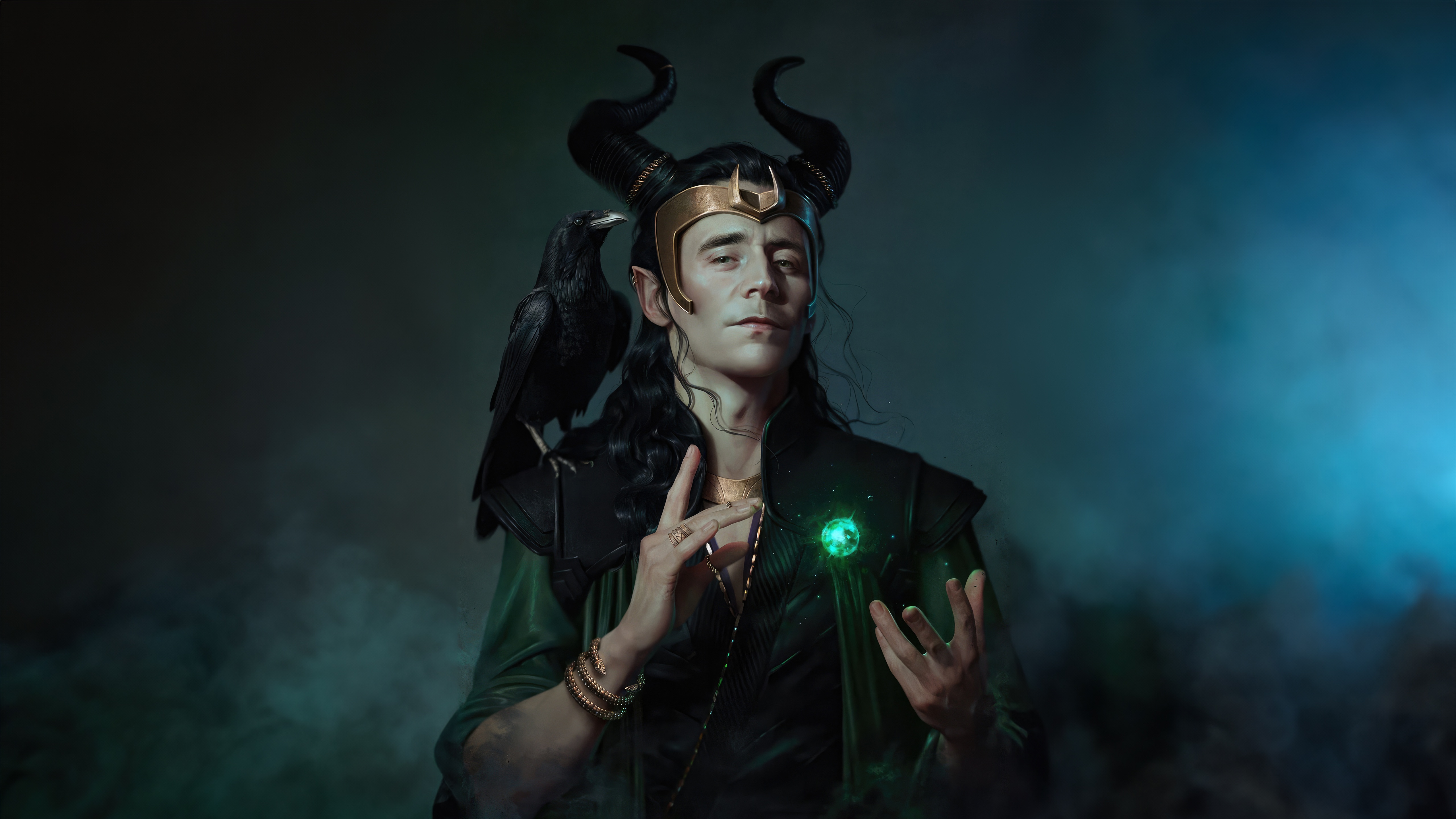 Loki with a raven and a glowing orb HD Wallpaper