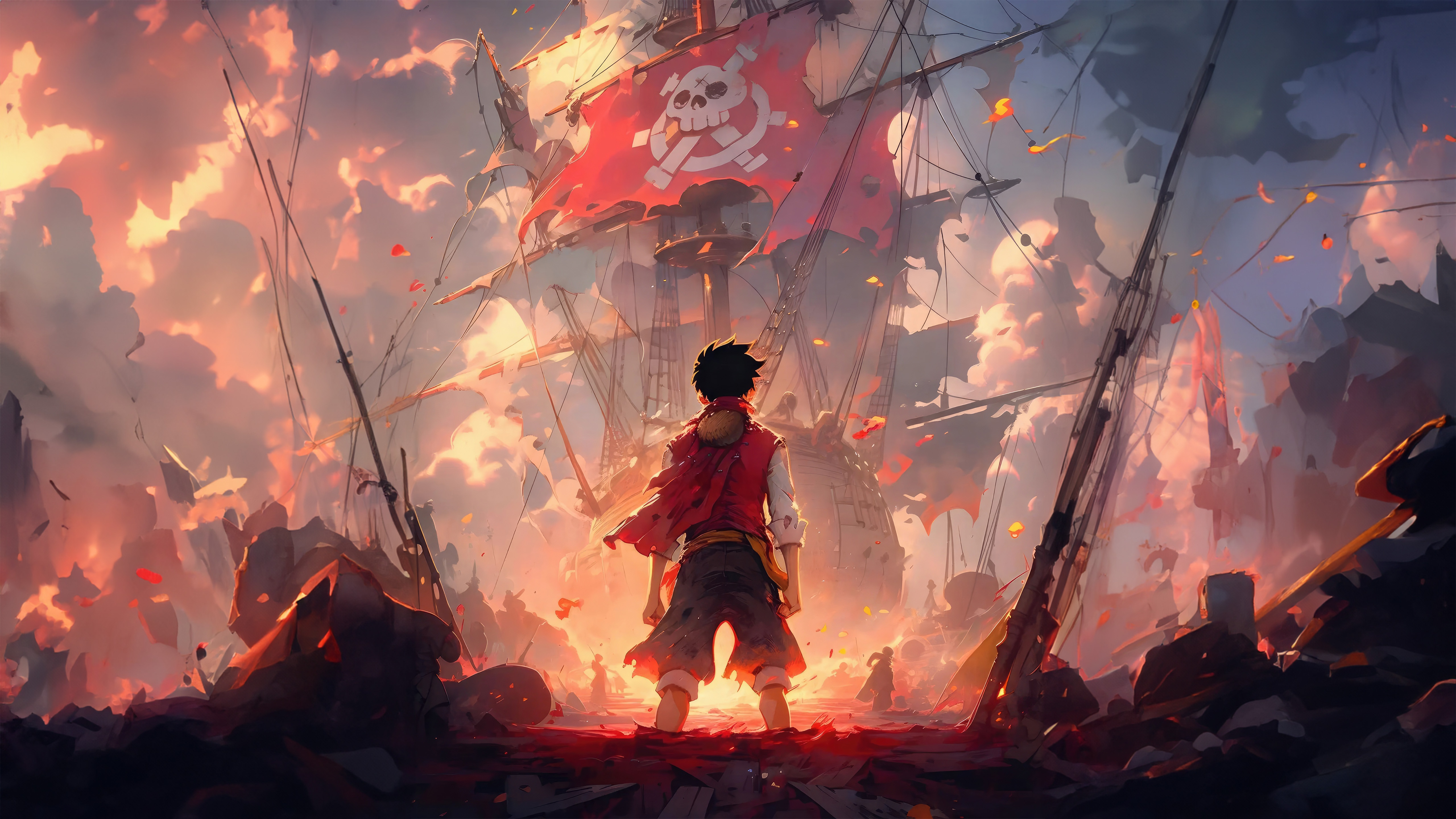 Luffy stands before a pirate ship with a skull flag HD Wallpaper