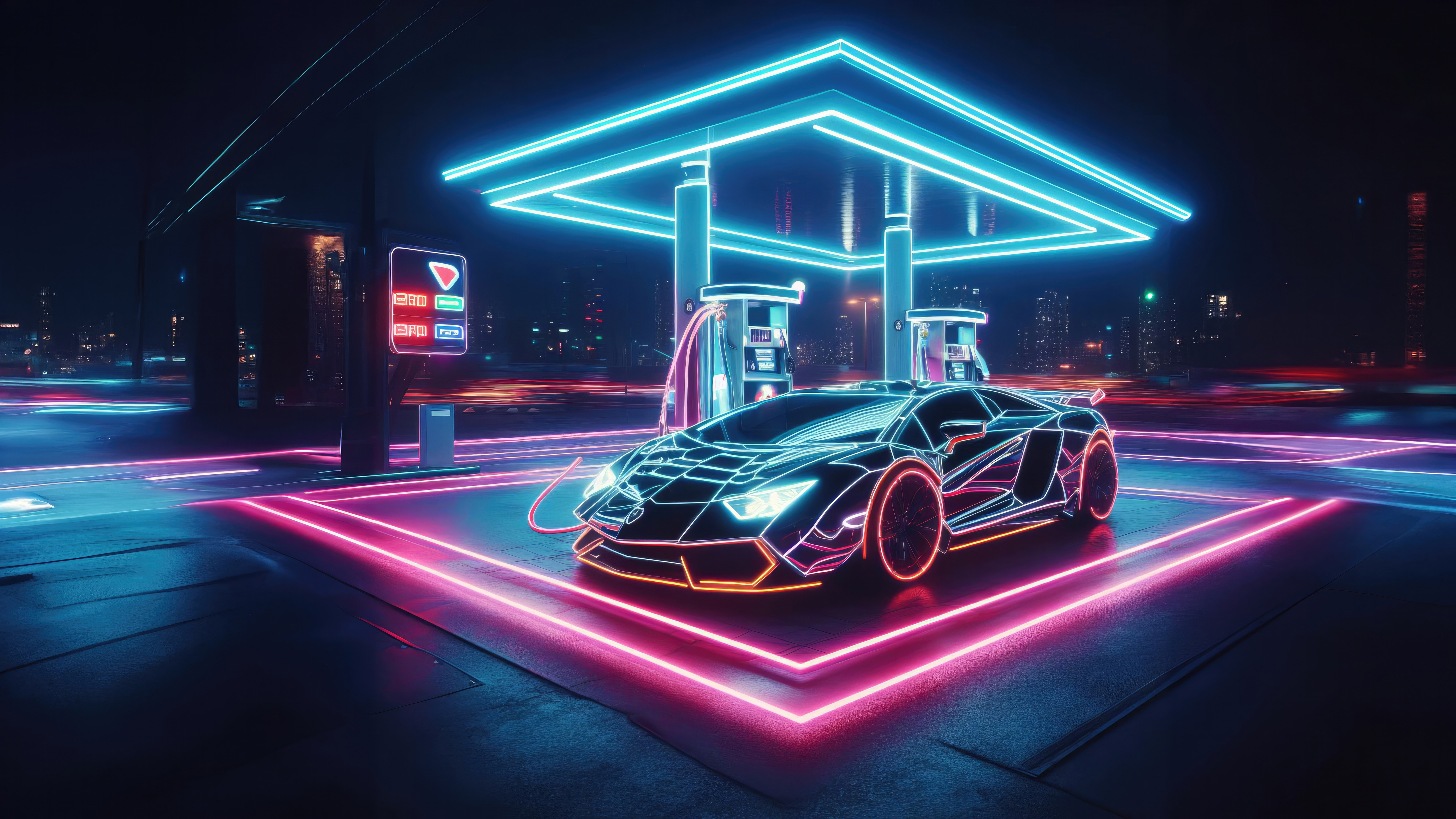 Neon Lamborghini at a Gas Station HD Wallpaper