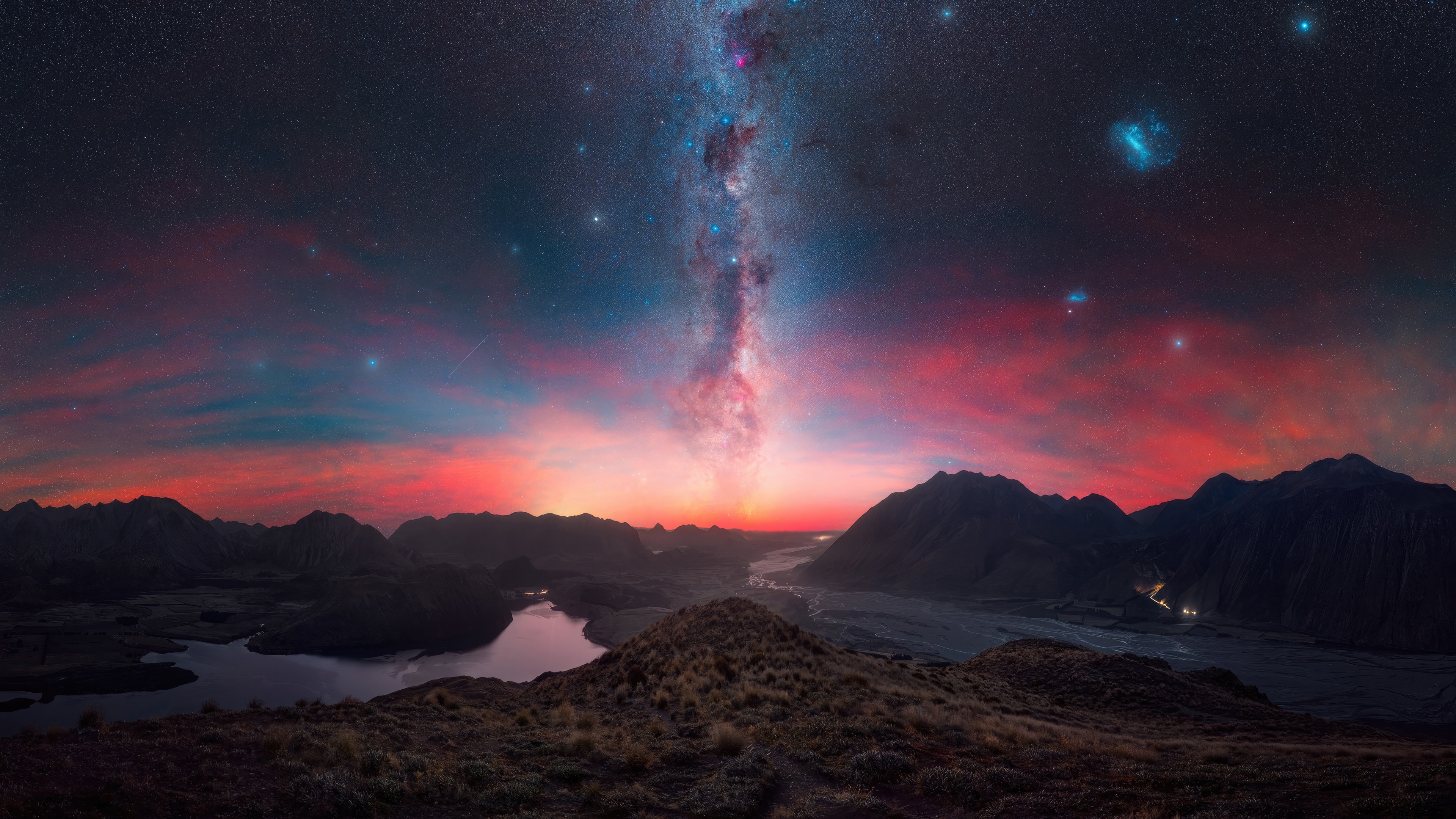 Milky Way over mountains and lake at sunset HD Wallpaper