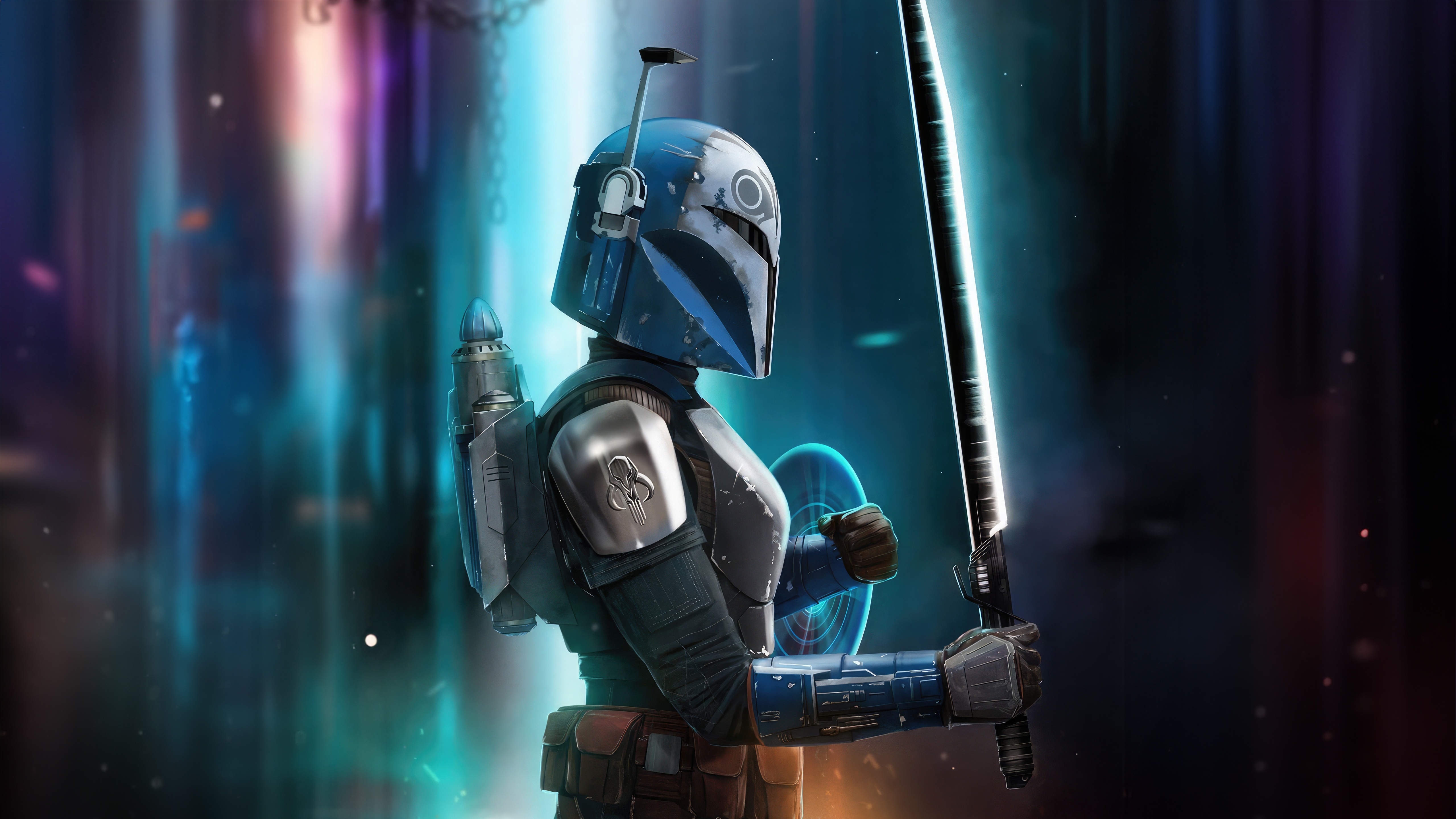 The Armorer from The Mandalorian holding a Darksaber HD Wallpaper