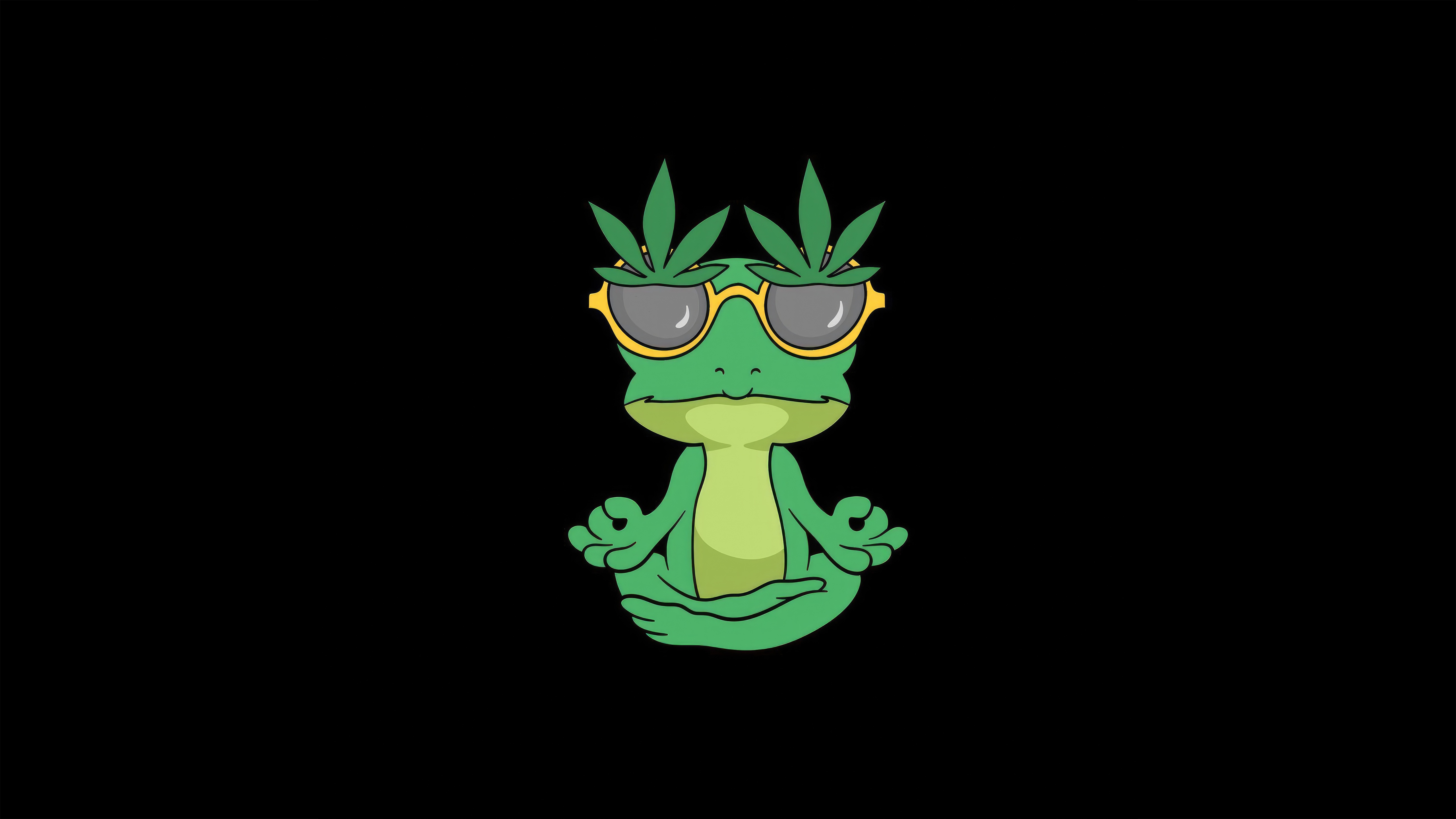 Green frog wearing sunglasses and marijuana leaves meditating HD Wallpaper
