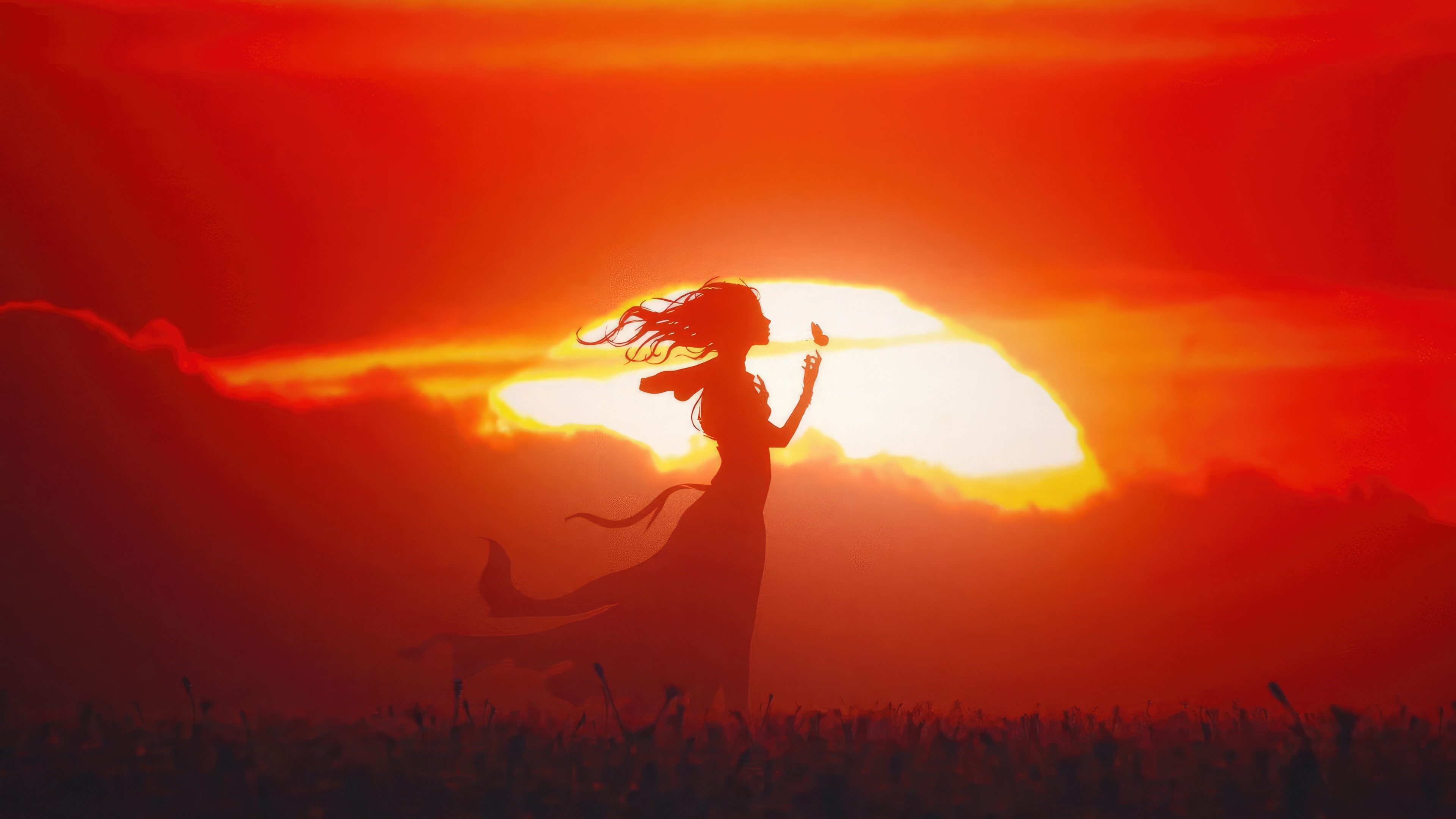 Girl with butterfly in a beautiful dream sunset HD Wallpaper