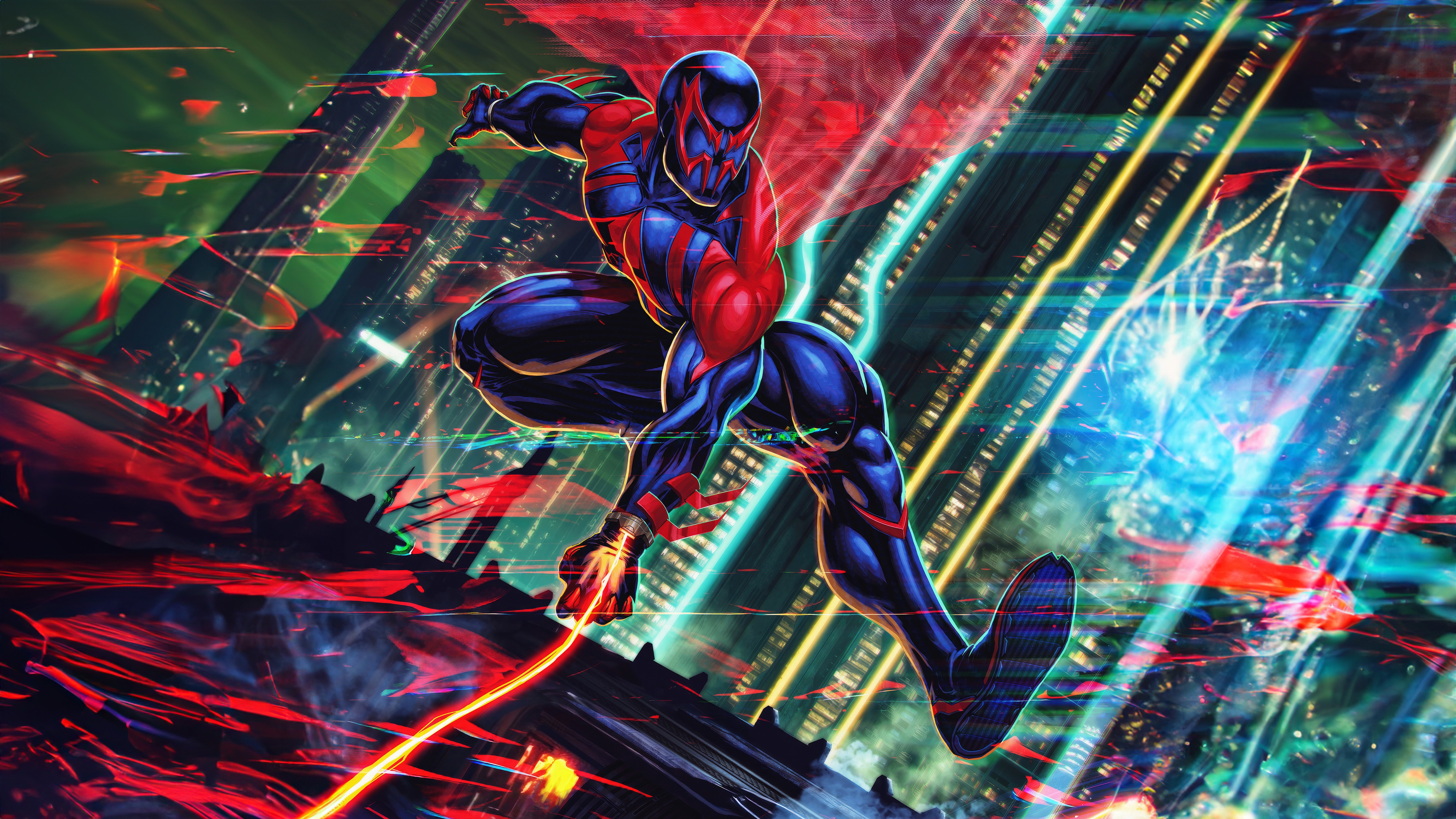 Spider-Man 2099 Soars Through a Futuristic City HD Wallpaper