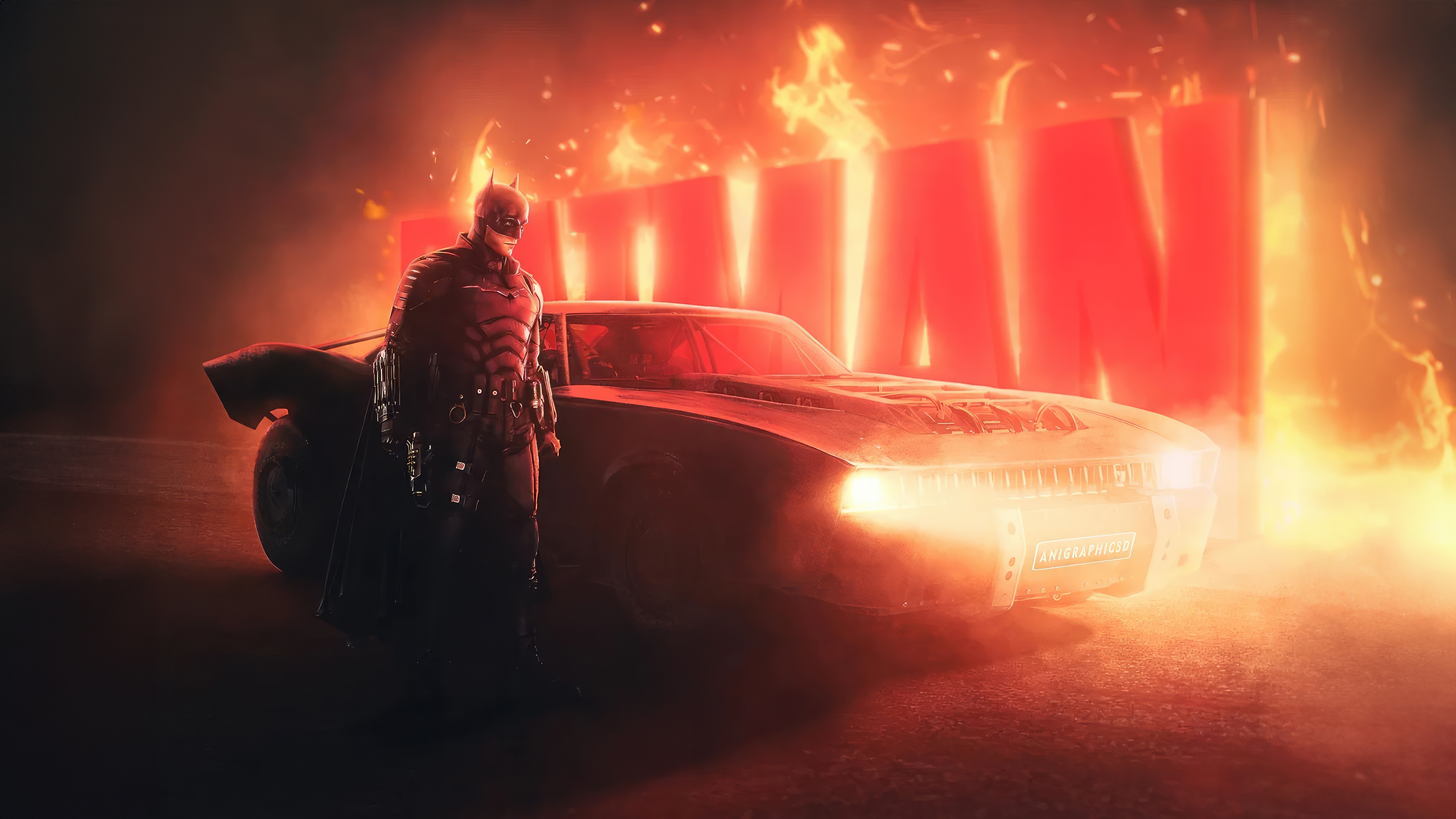 The Batman and his Batmobile in flames HD Wallpaper