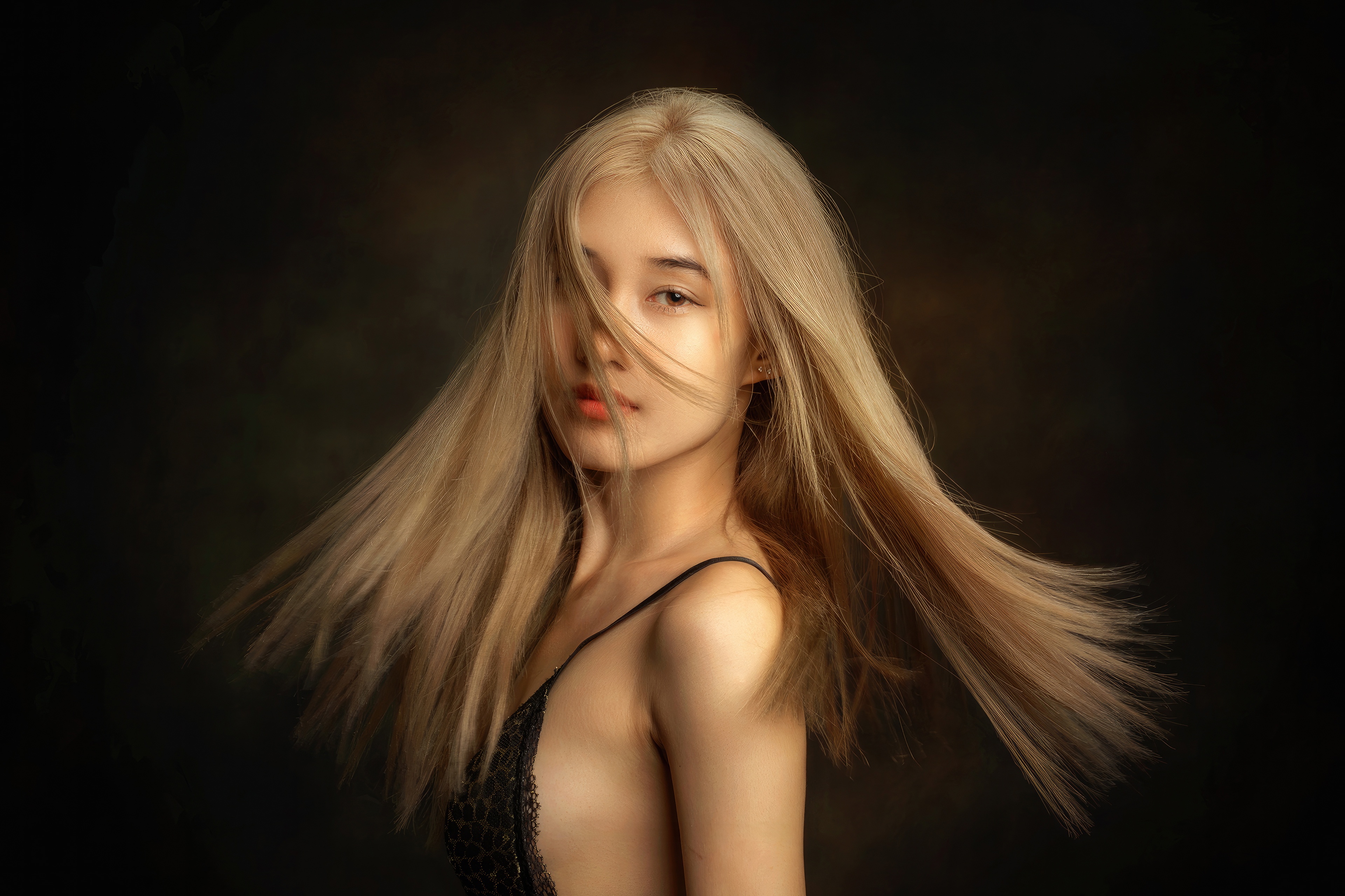 Asian girl with blonde hair in her face HD Wallpaper
