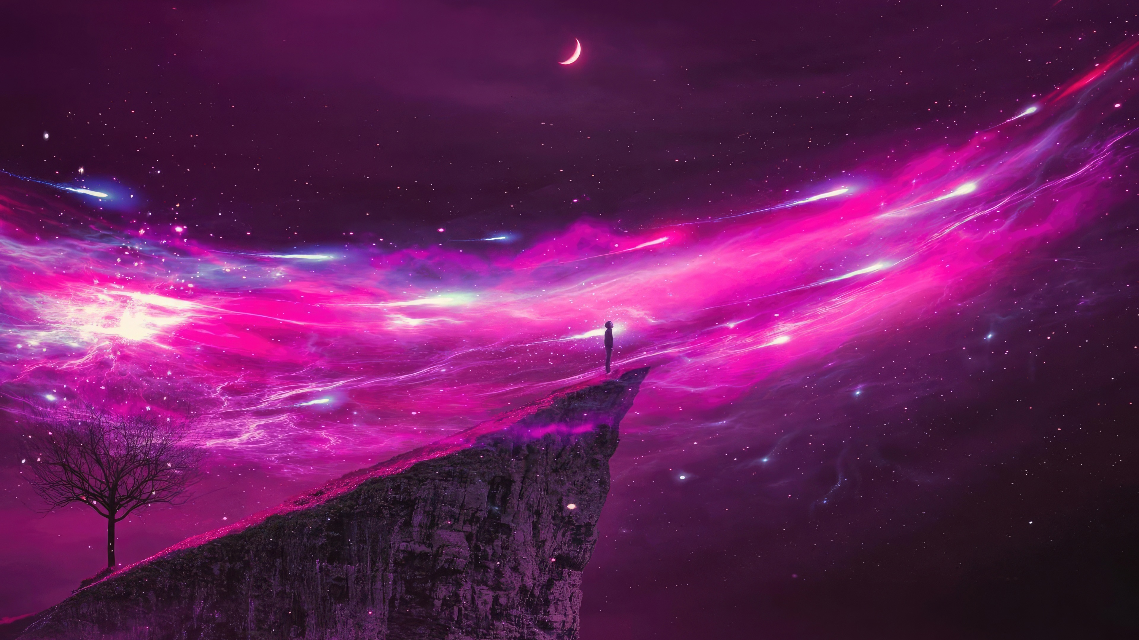 Person standing on cliff overlooking galaxy HD Wallpaper