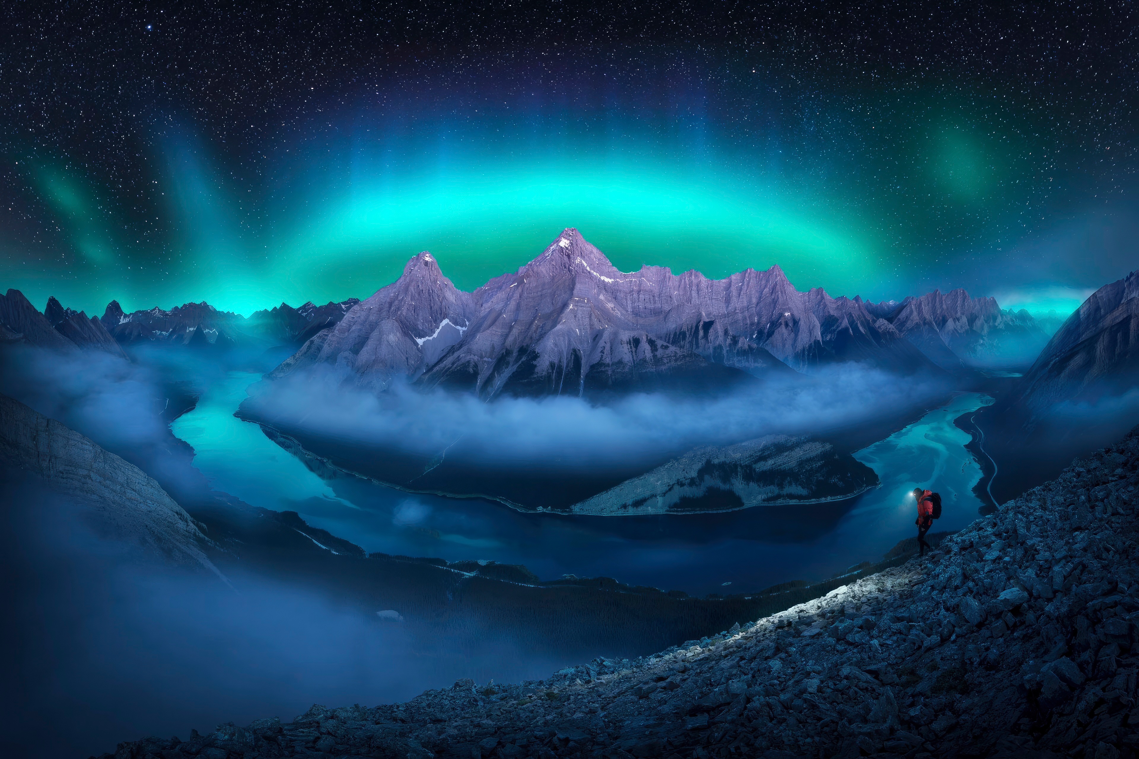 Aurora over Mountains with Hiker HD Wallpaper