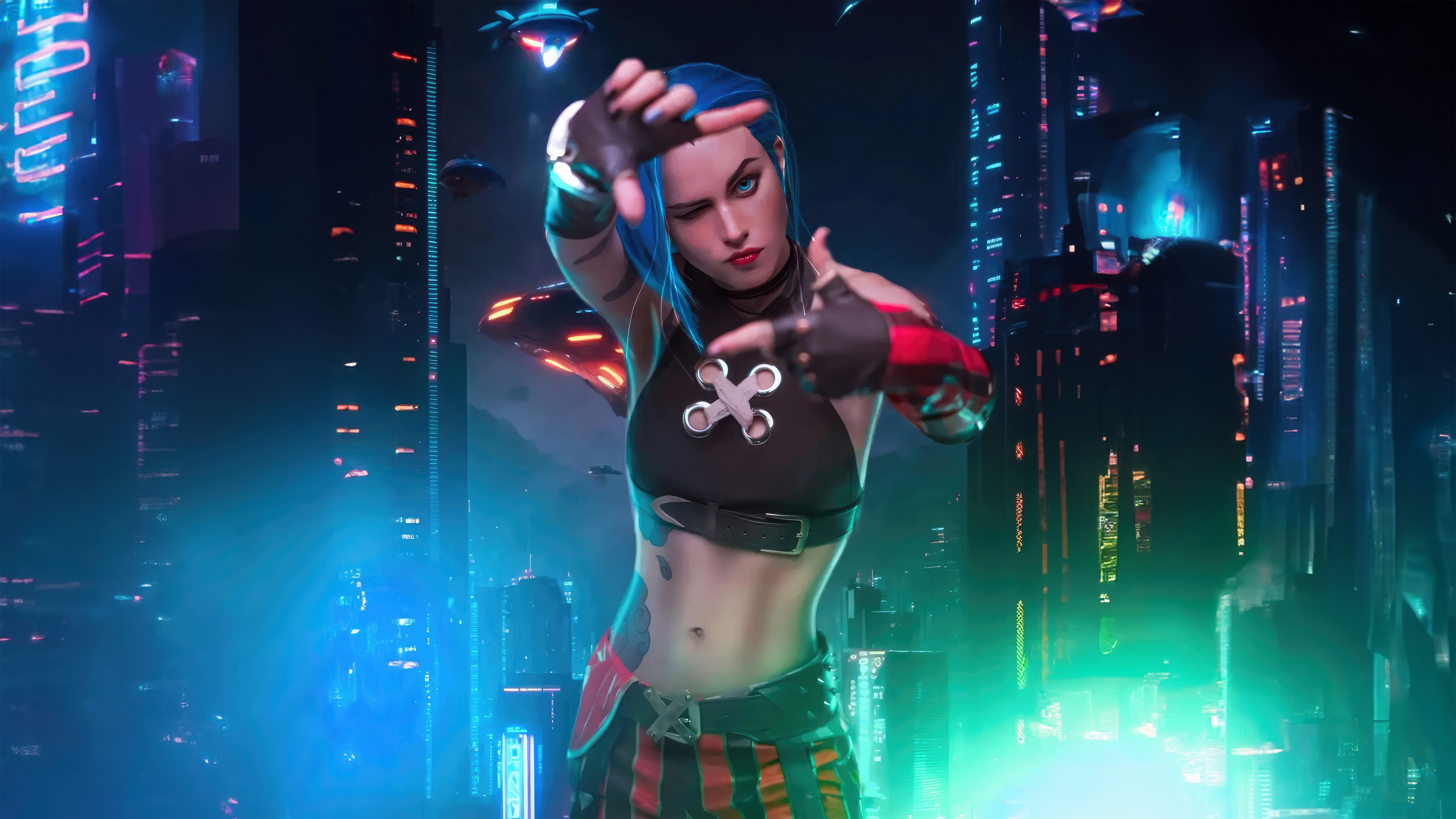 Arcane Jinx Cosplay in Futuristic City HD Wallpaper