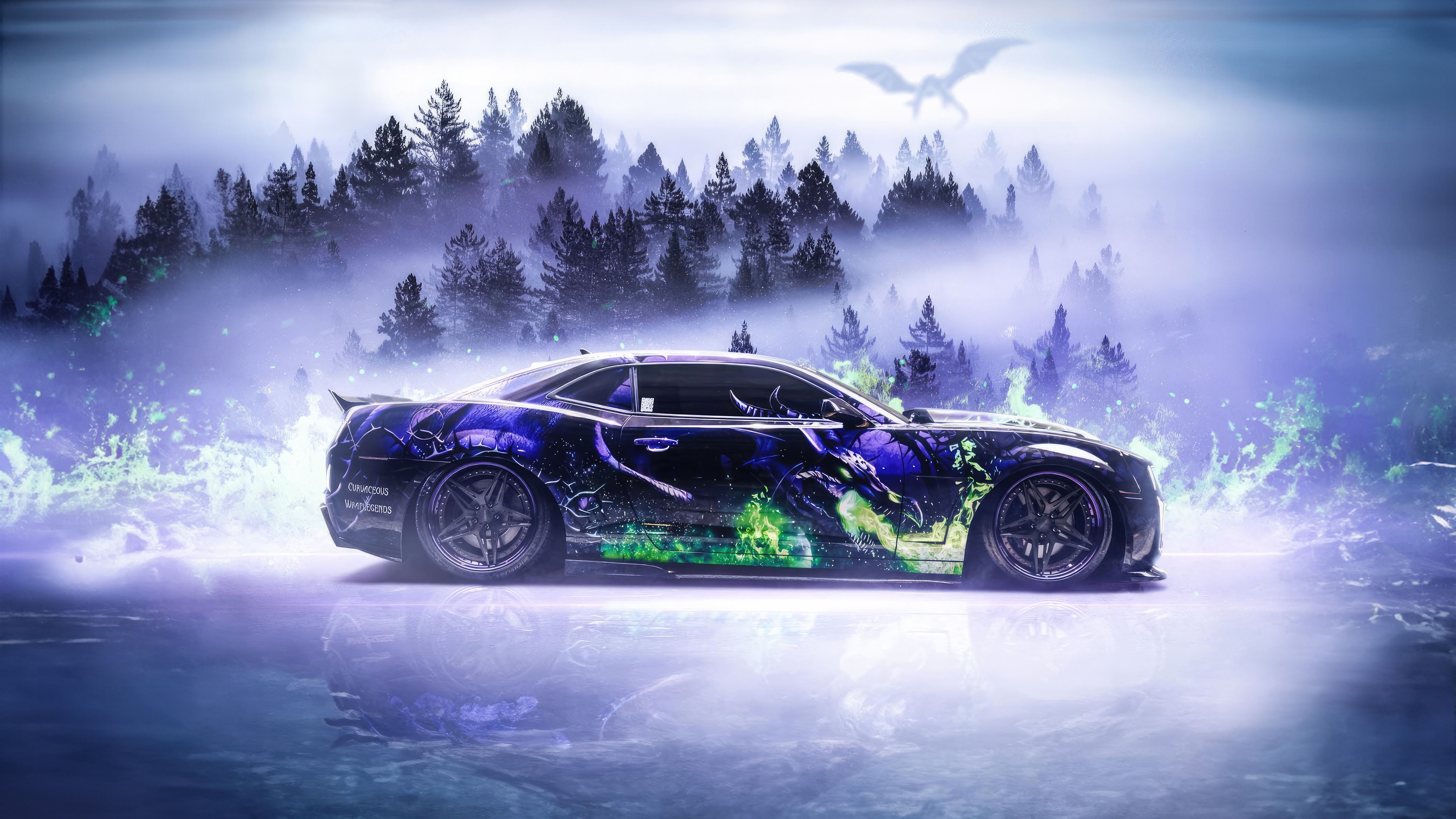 Camaro with Dragon Graphics in Misty Forest HD Wallpaper