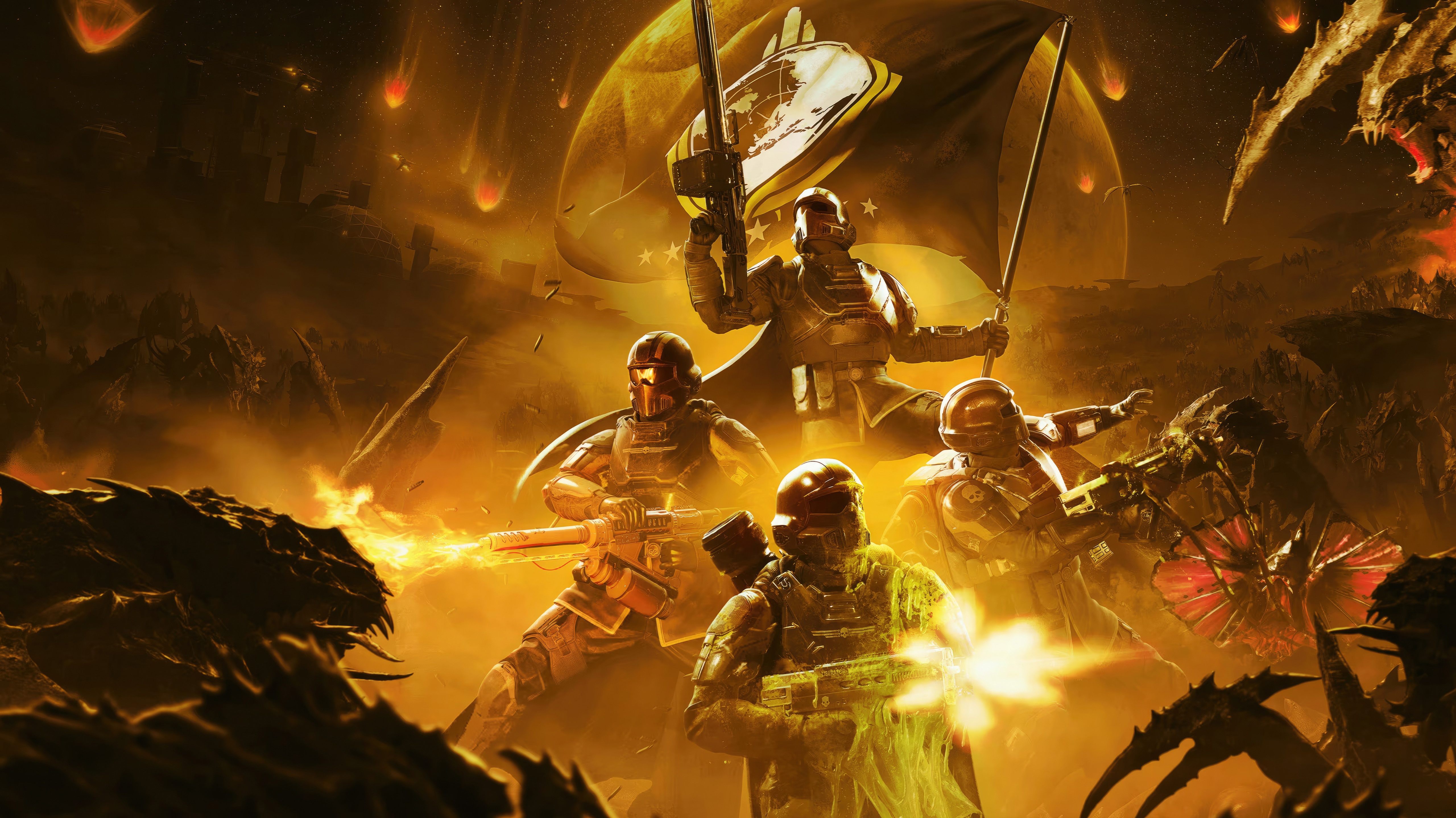 Helldivers 2 Super Citizen Edition soldiers fighting aliens HD Wallpaper