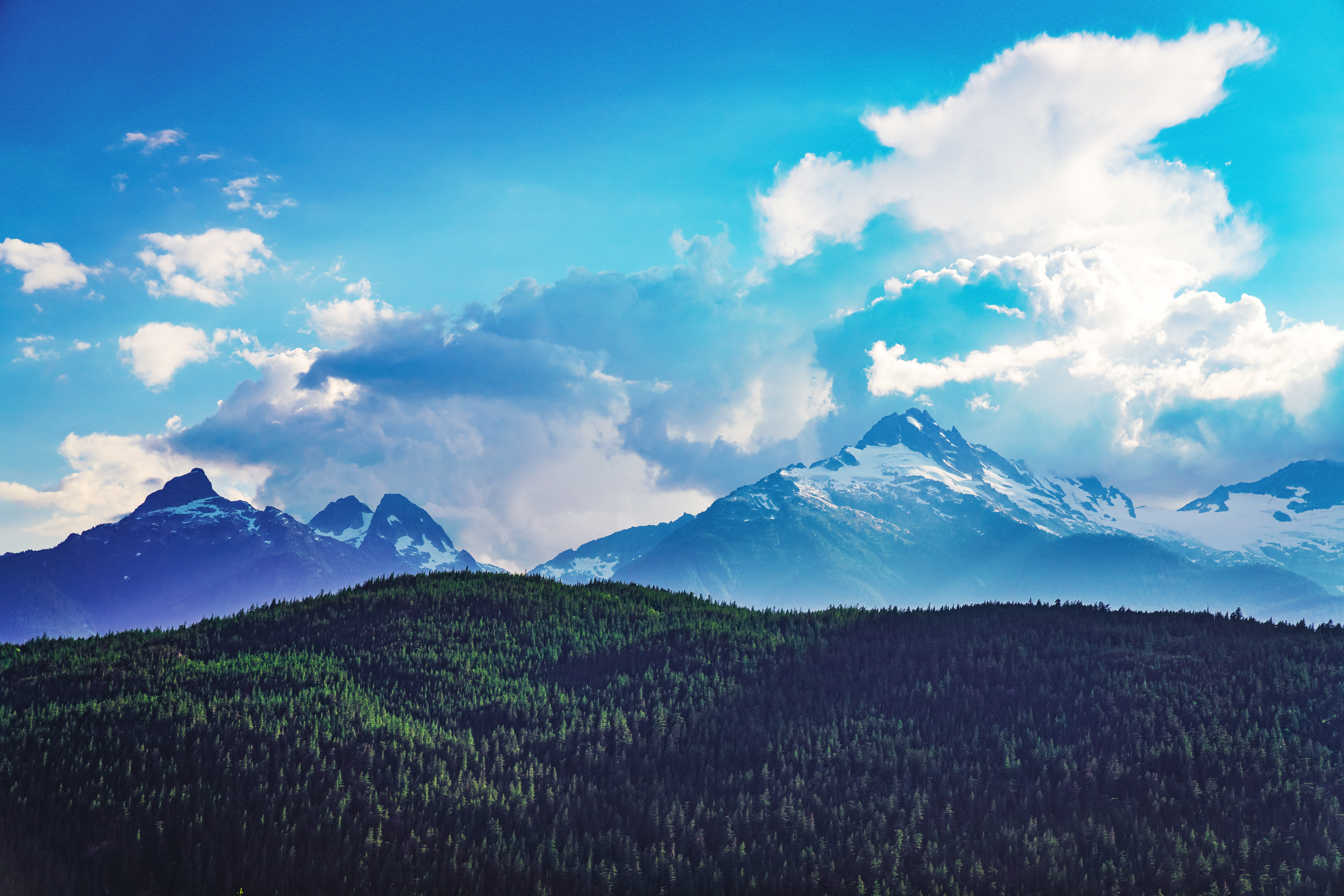 Blue Clouds Over Snow-Capped Mountains and Forest HD Wallpaper