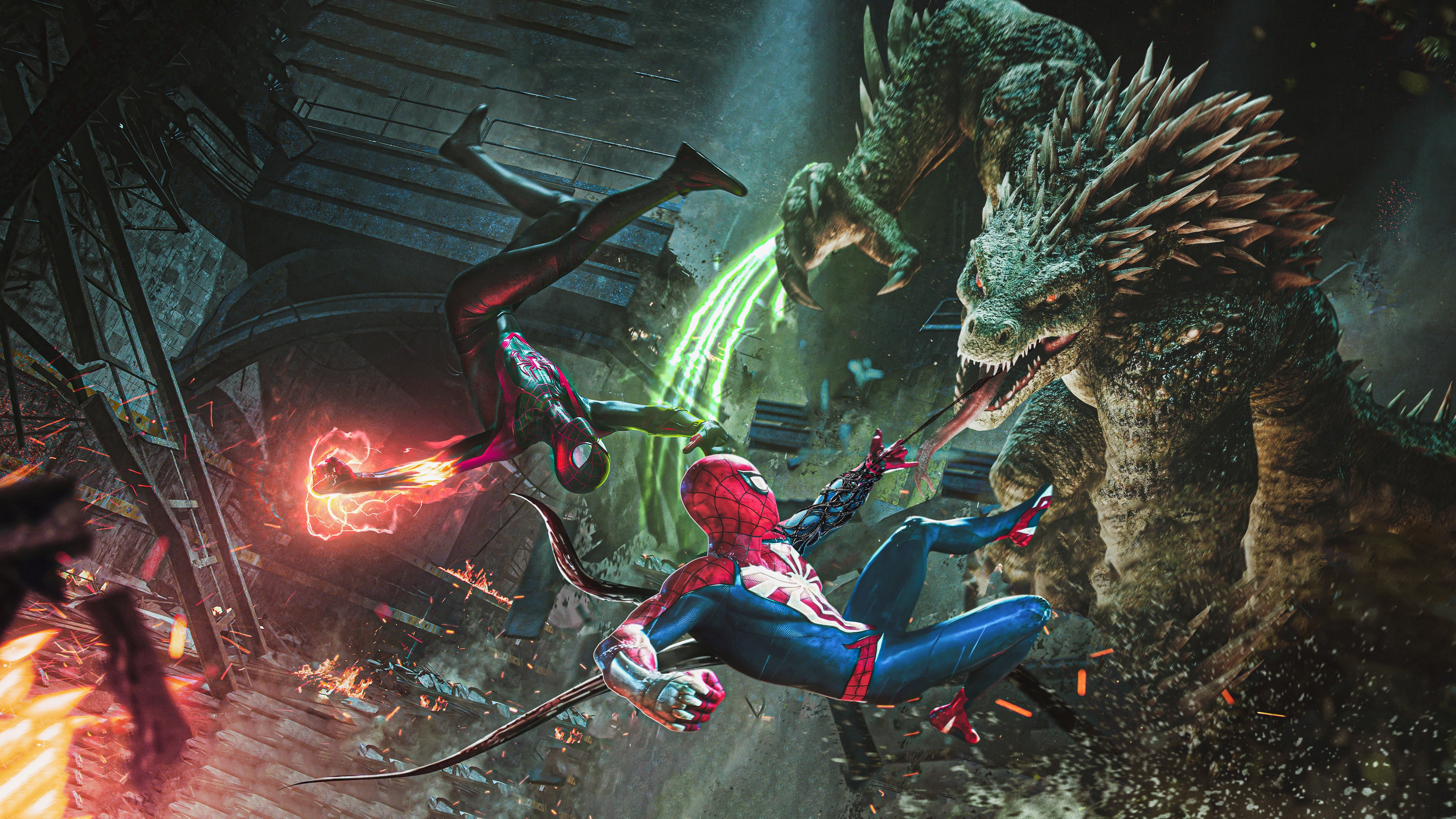 Spider-Man 2 Game: Miles Morales and Peter Parker fight Lizard HD Wallpaper
