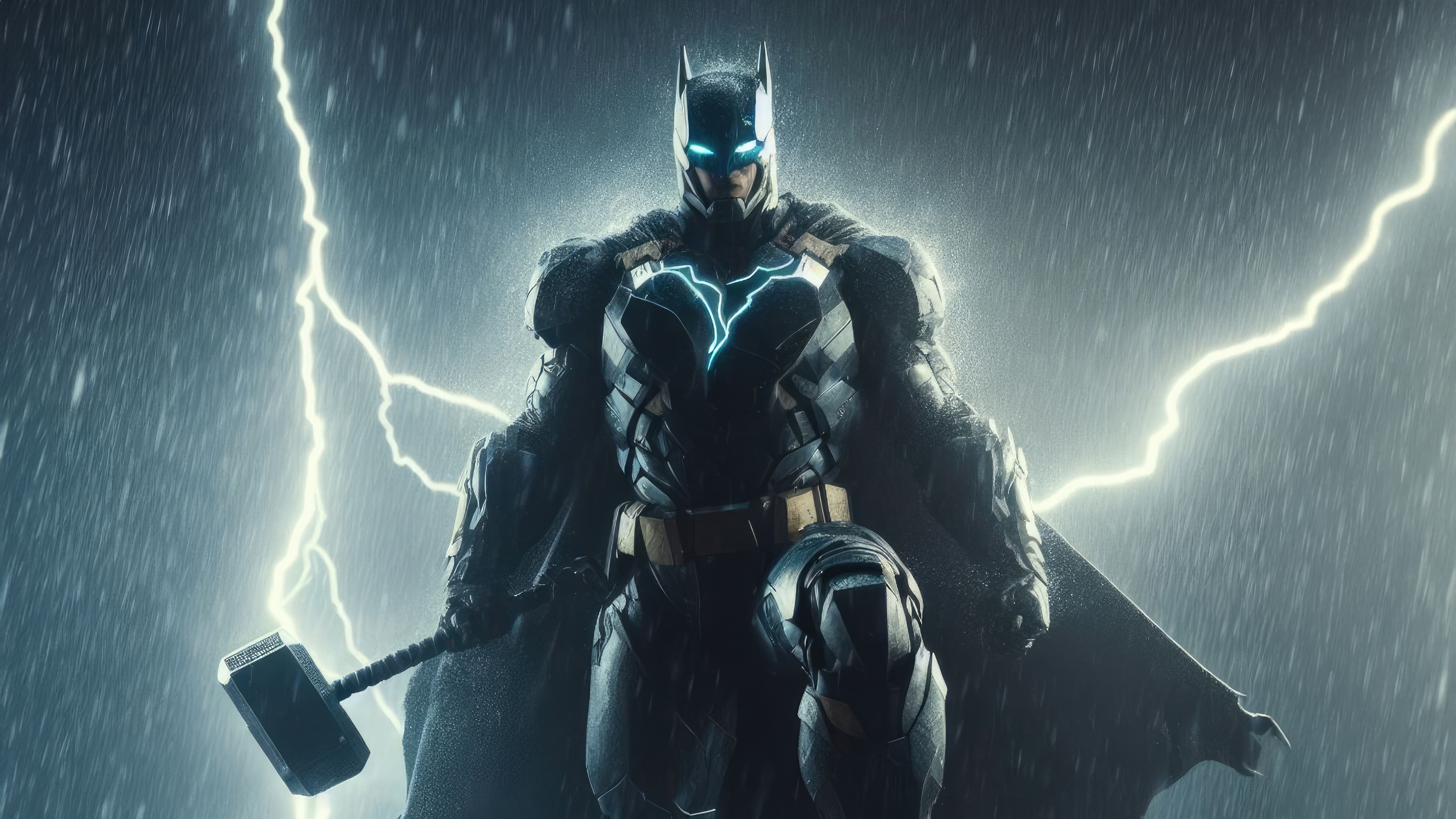 Batman holding Mjolnir in a thunderstorm HD Wallpaper