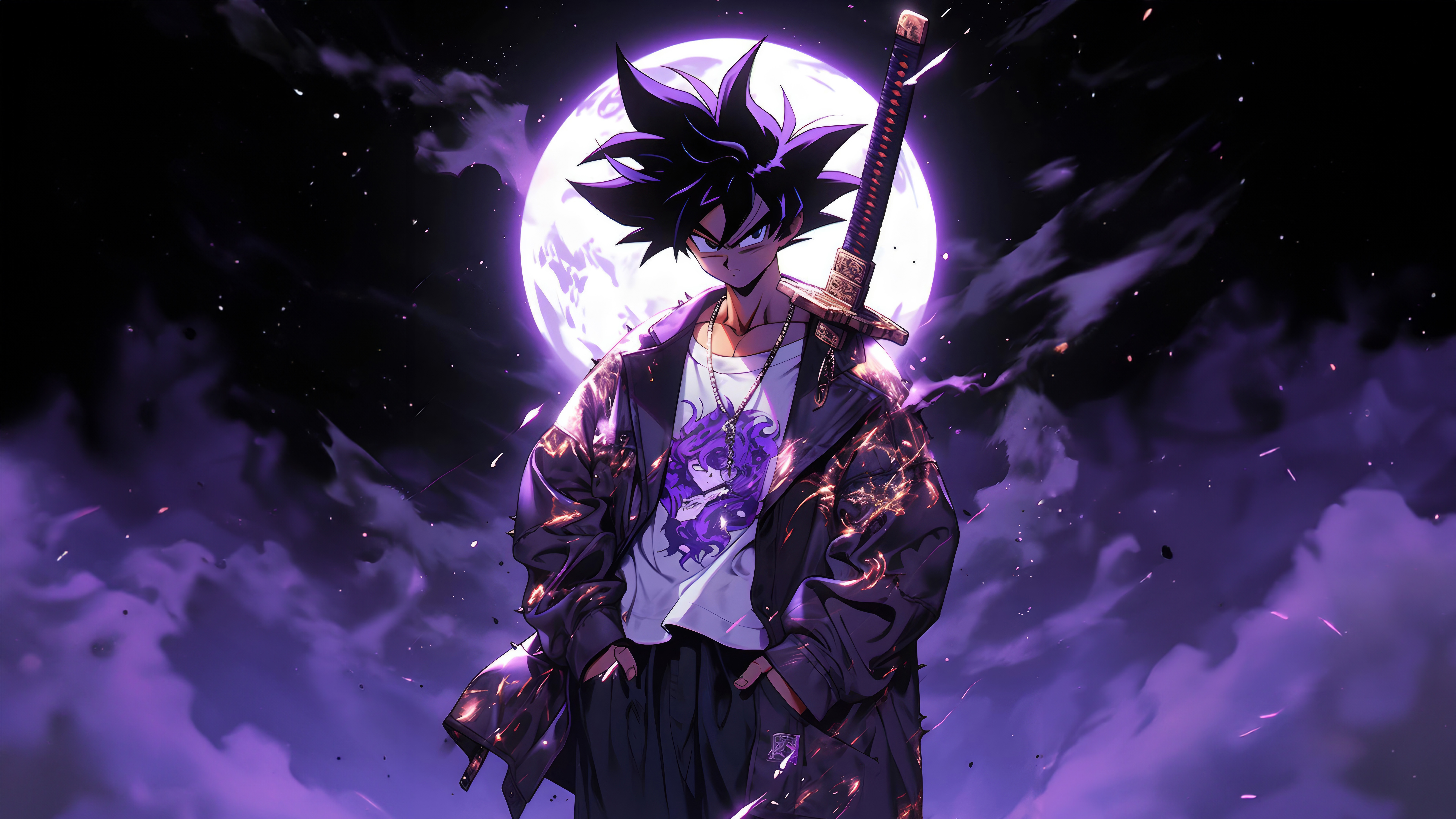 Goku with a sword in front of a large moon HD Wallpaper