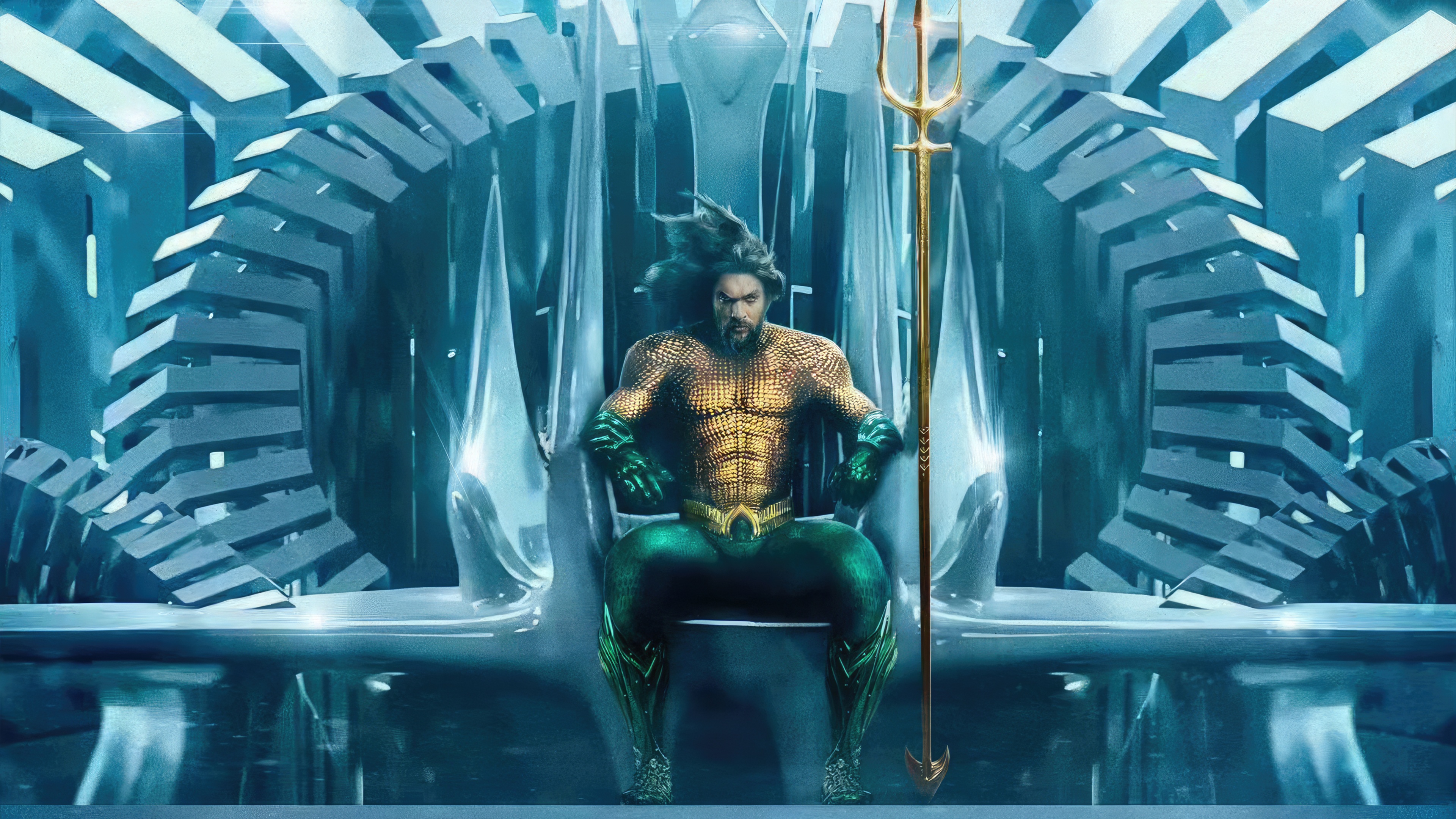 Aquaman on the Throne with Trident HD Wallpaper