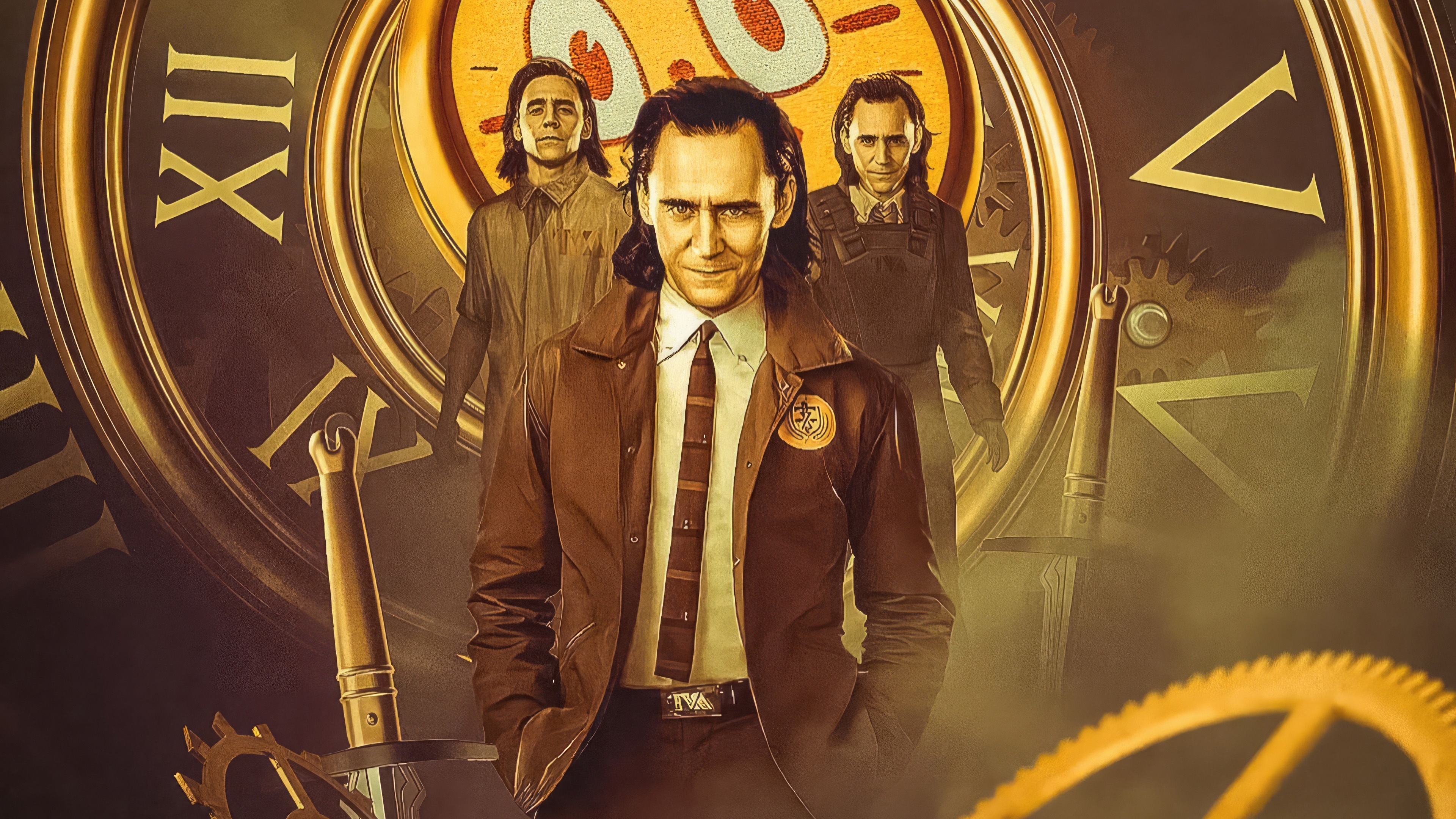 Loki and his variants in front of a clock HD Wallpaper