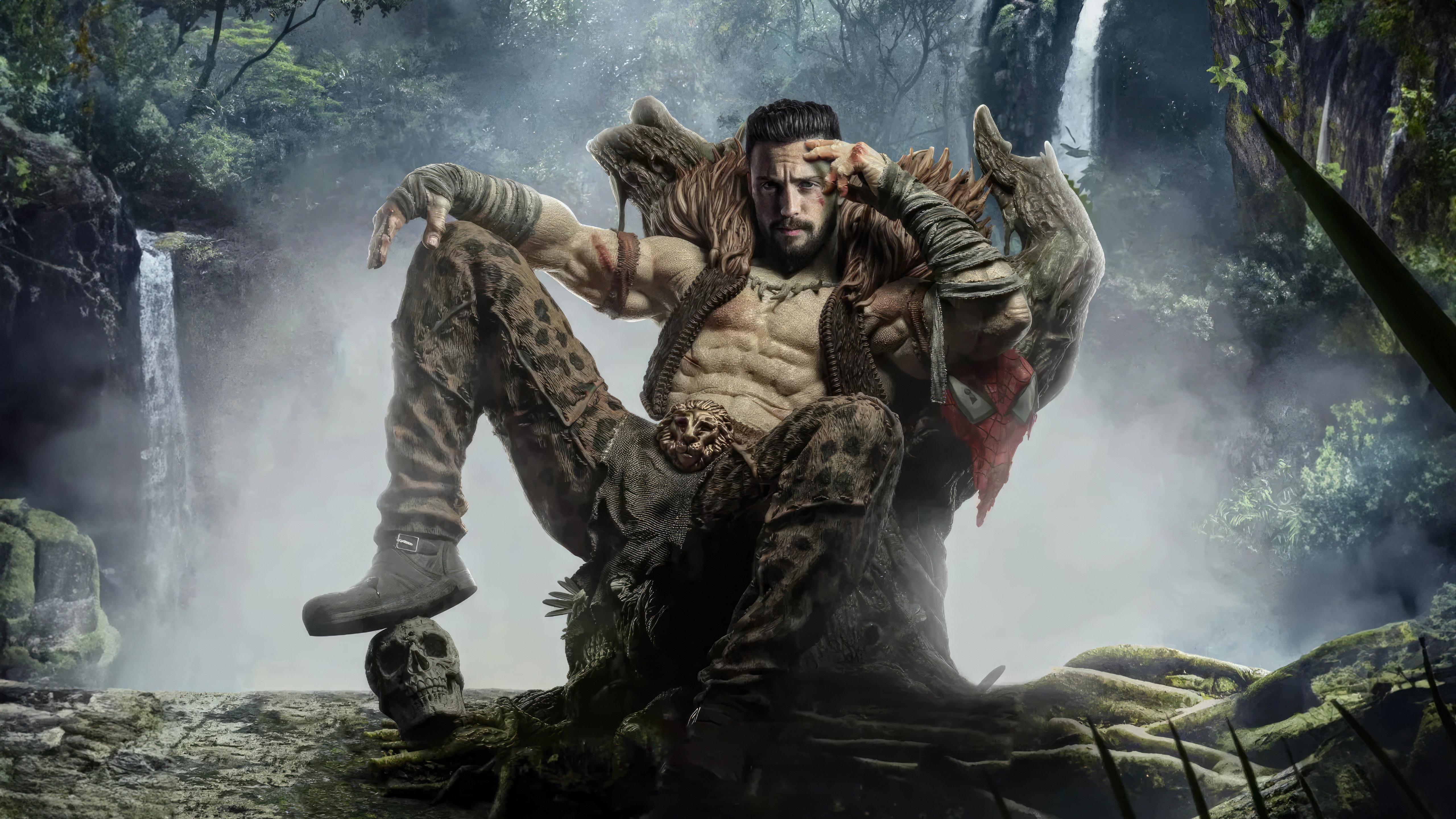 Kraven the Hunter sits on a throne of roots in a jungle HD Wallpaper