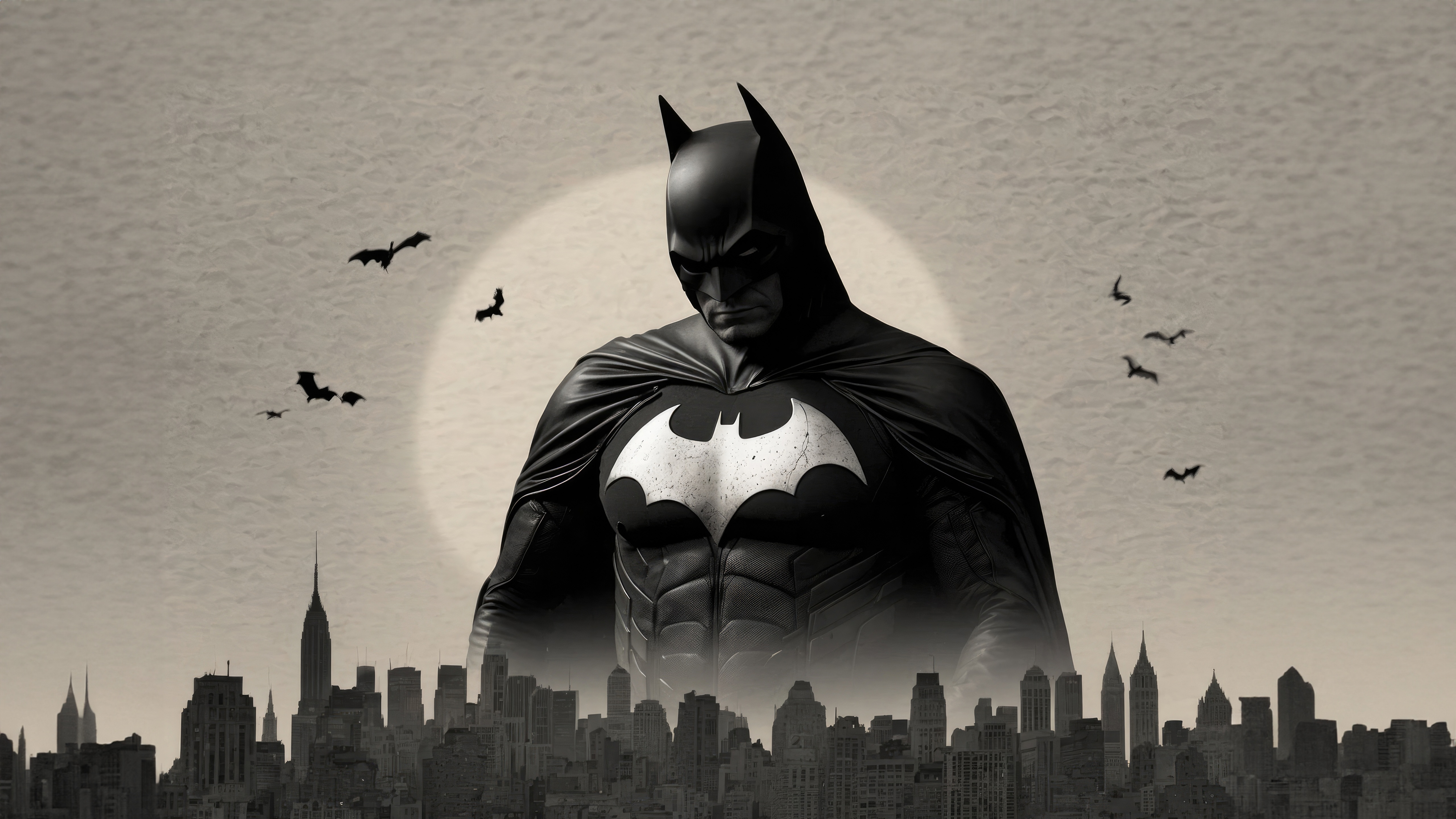Batman stands over Gotham City with bats flying HD Wallpaper
