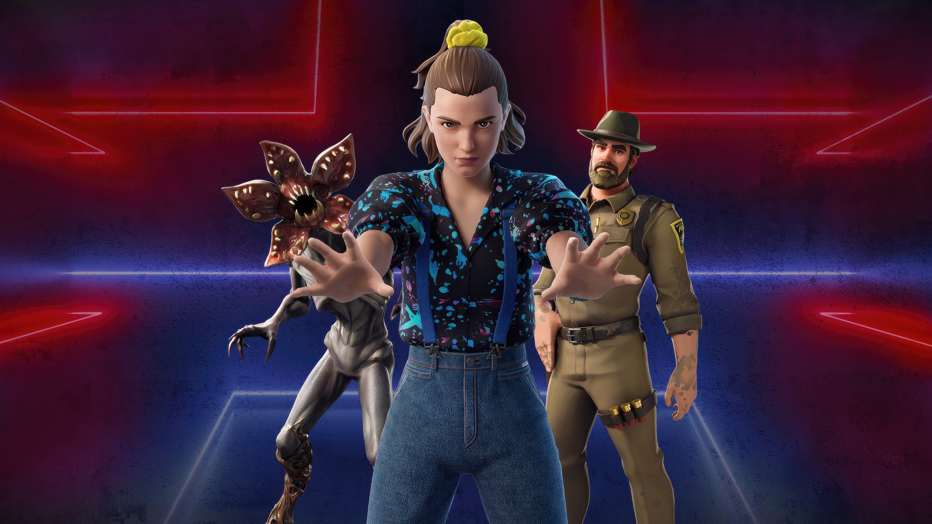 Fortnite Stranger Things characters: Eleven, Demogorgon, and Hopper HD Wallpaper