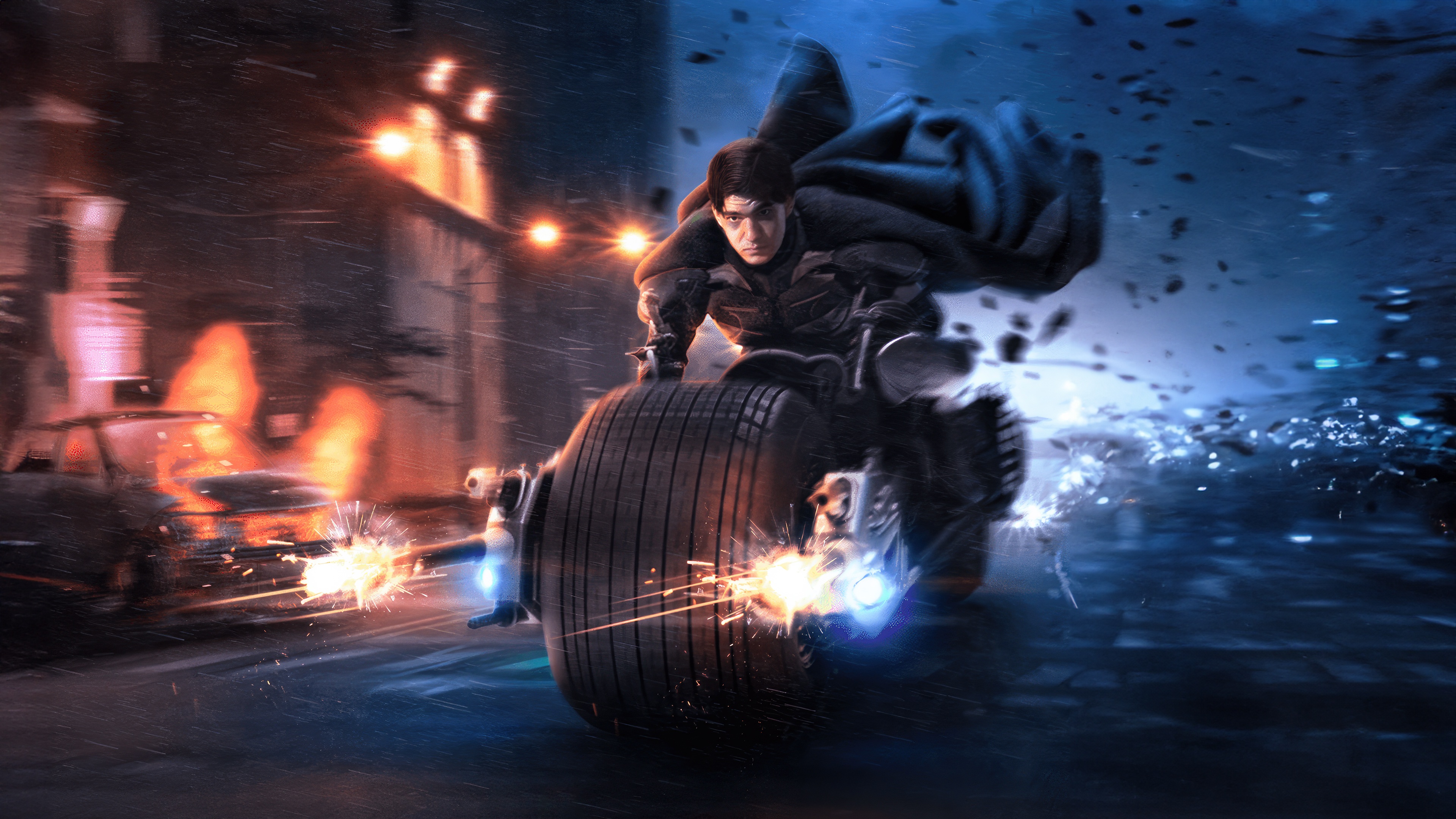 Batman on Batcycle in a burning city HD Wallpaper