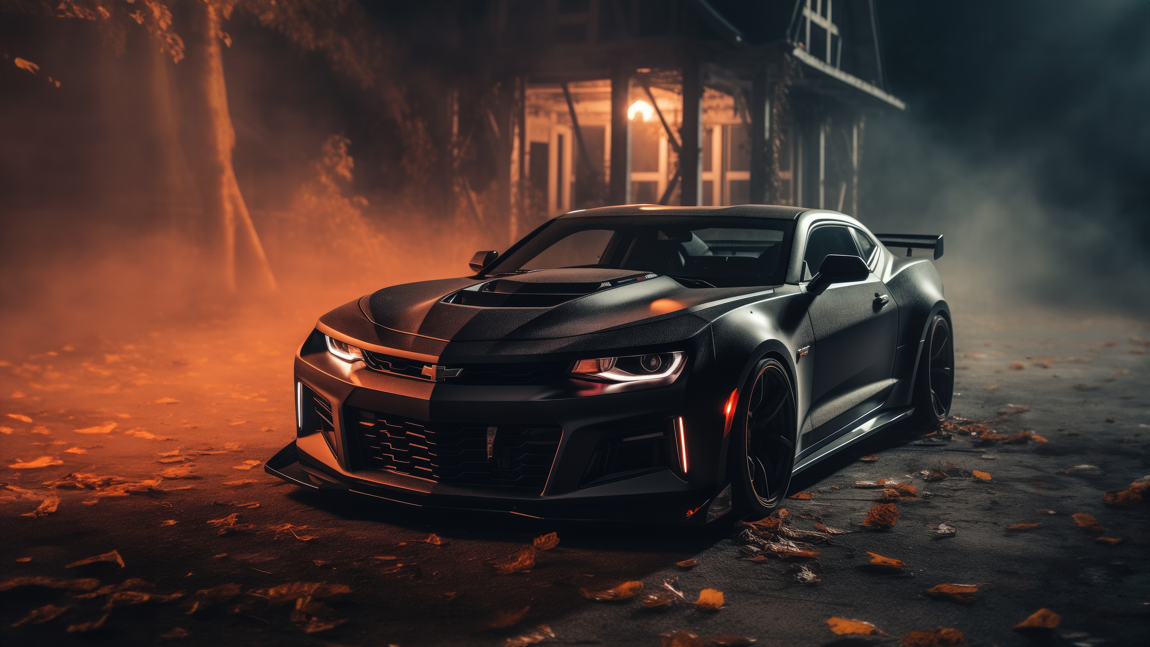 Black Chevrolet Camaro in foggy Halloween setting HD Wallpaper