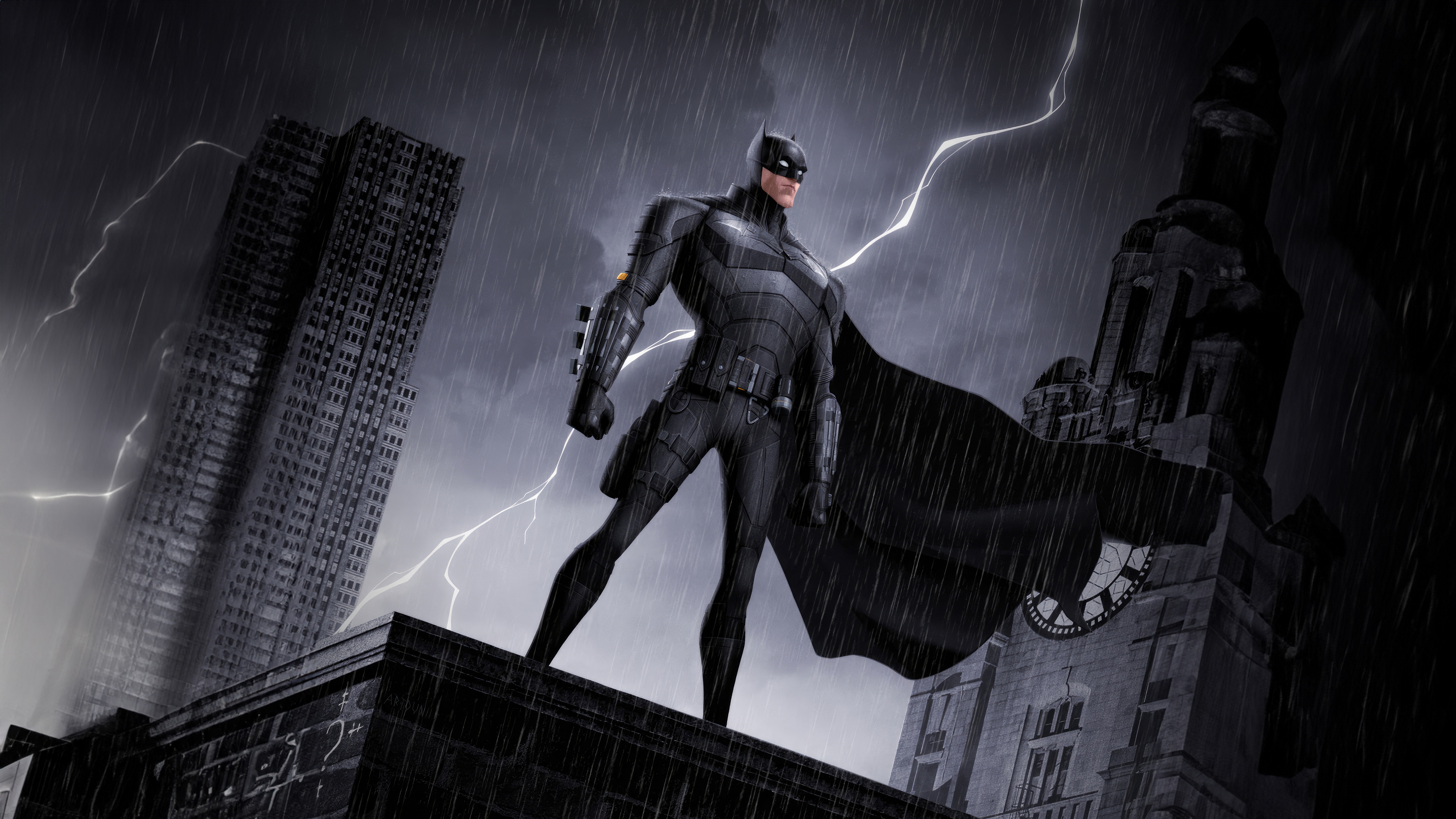 Batman on a rooftop in Gotham during a thunderstorm HD Wallpaper