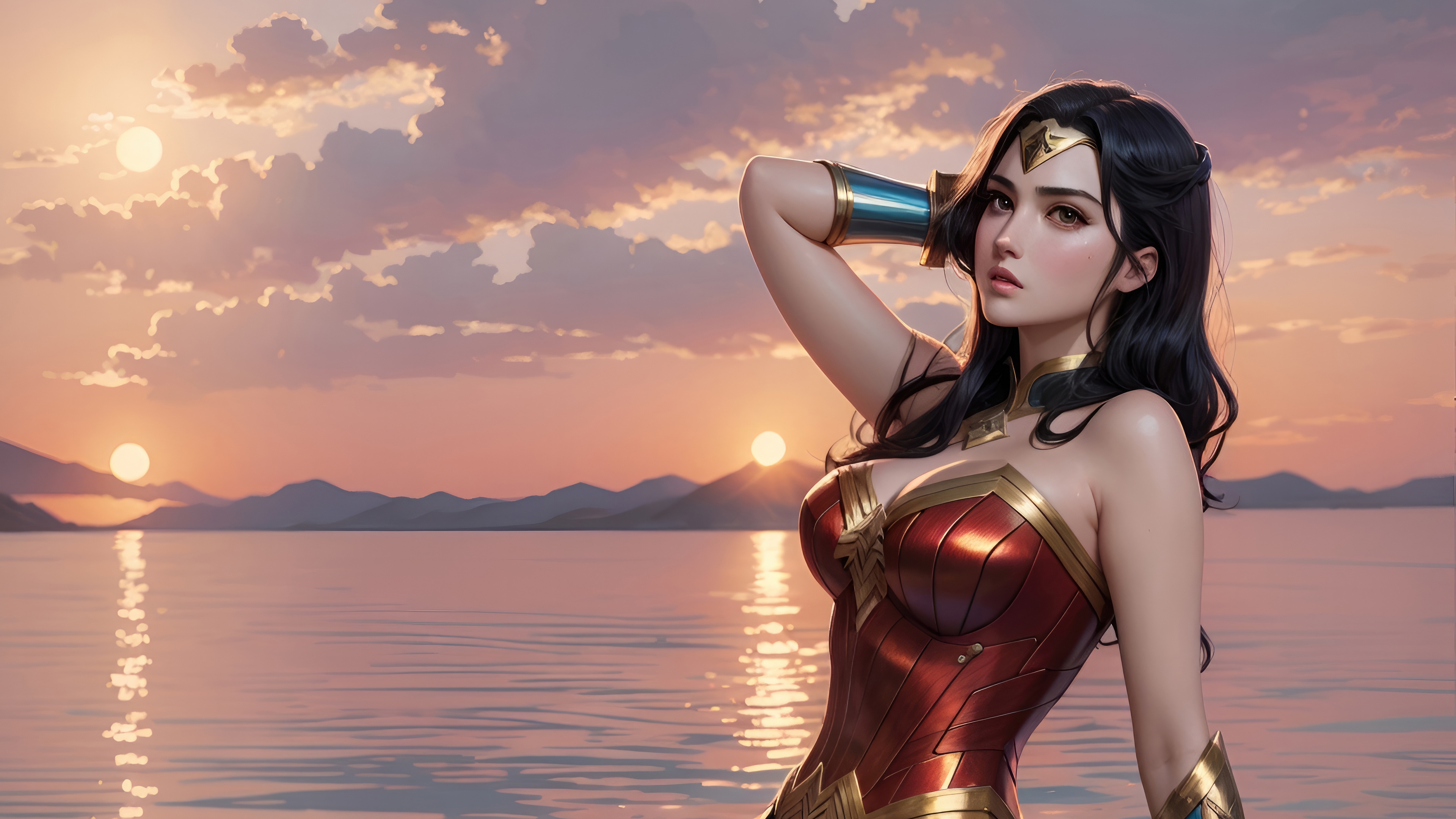 Wonder Woman by the Seaside at Sunset HD Wallpaper