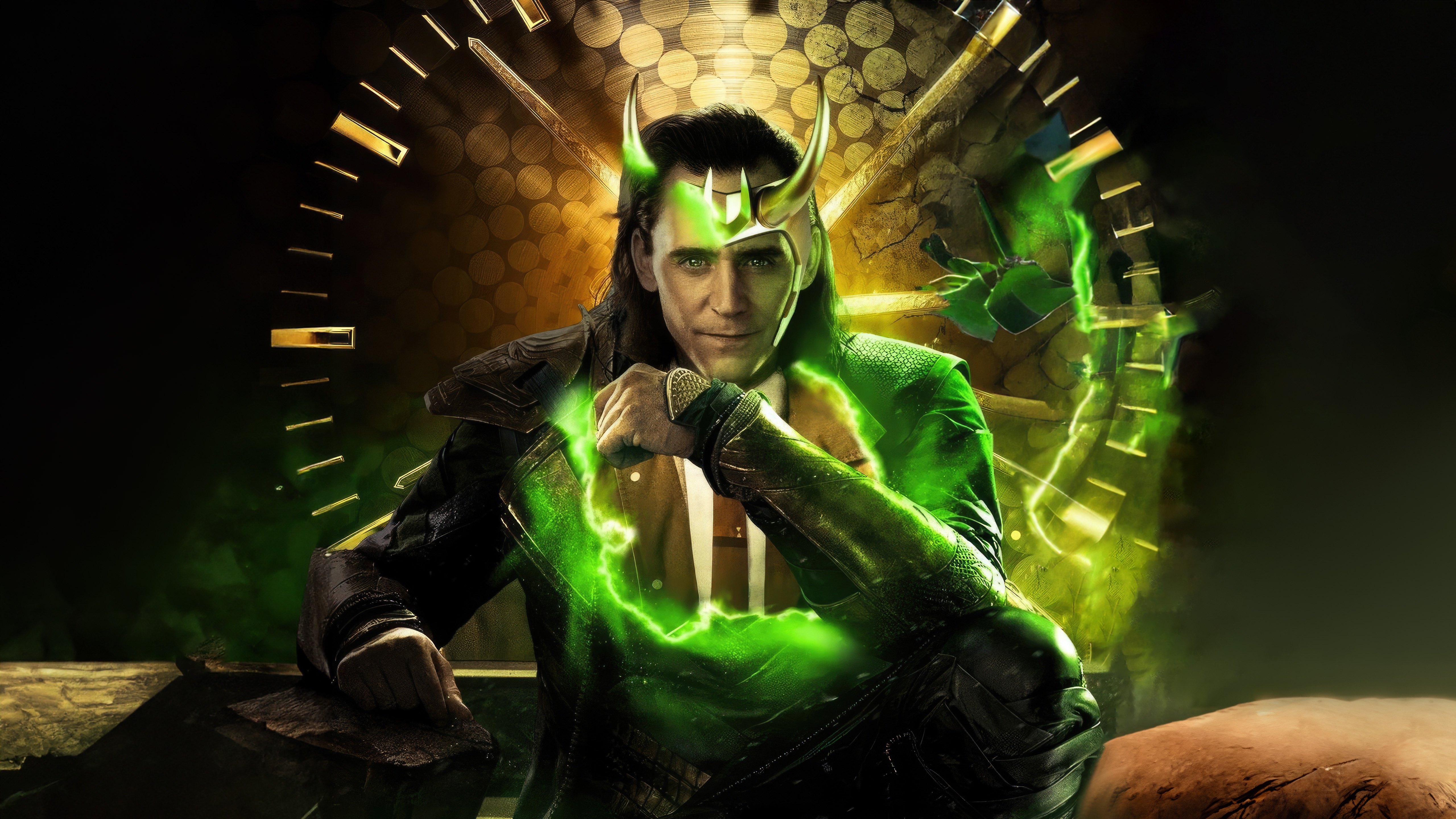 Loki with green energy and clock background HD Wallpaper