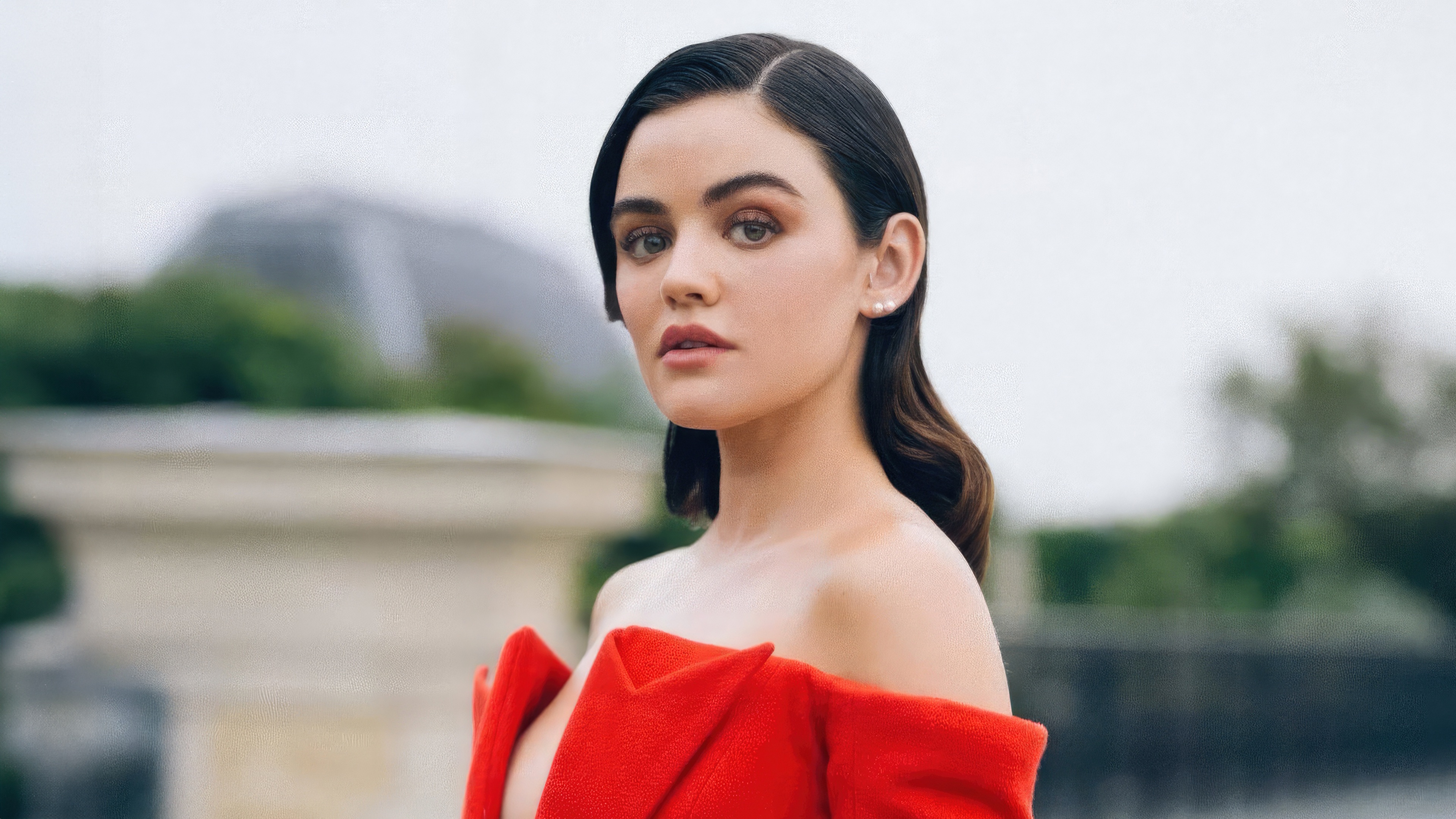 Lucy Hale in a red dress HD Wallpaper