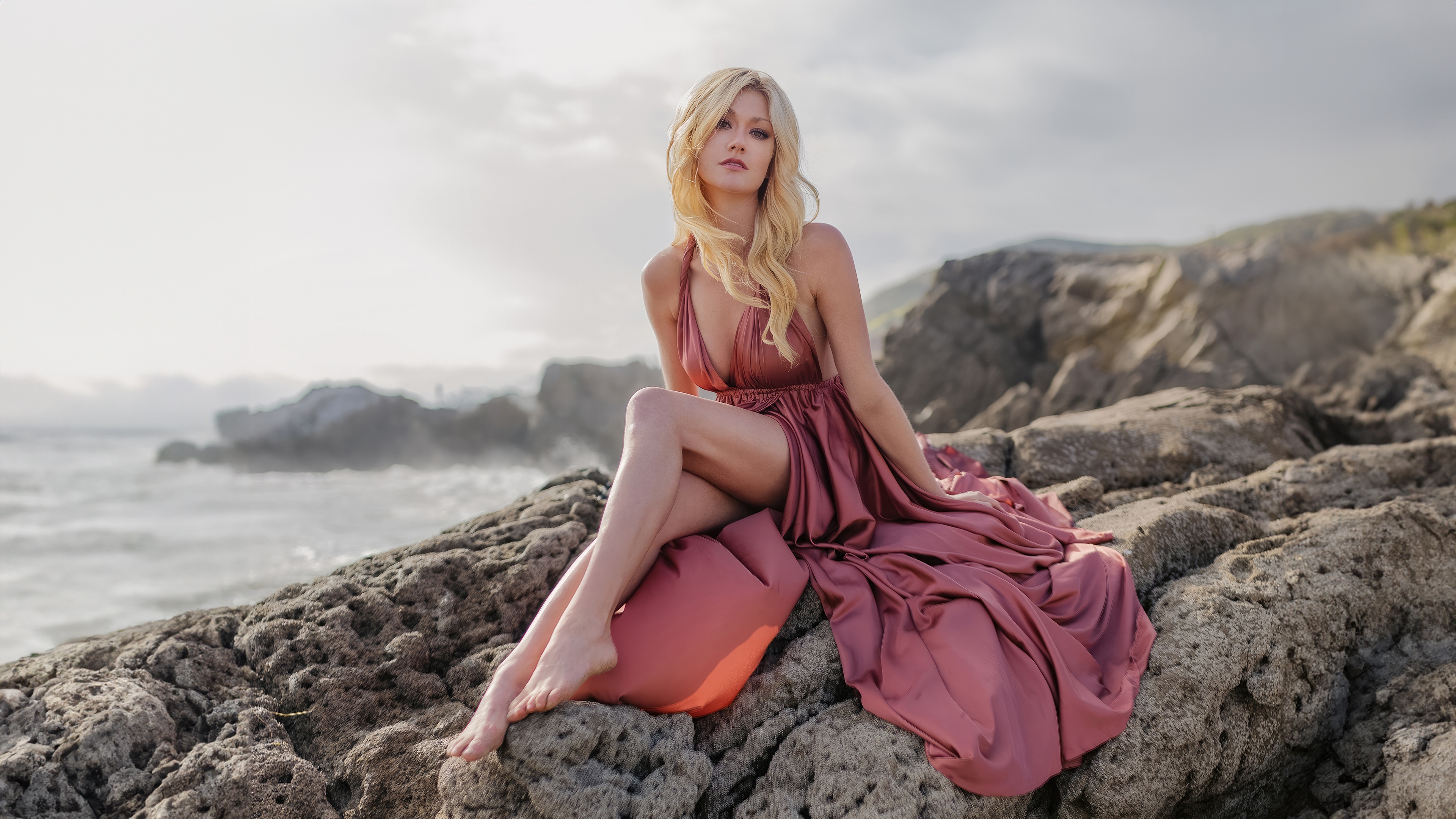 Katherine McNamara on Rocks by the Ocean HD Wallpaper